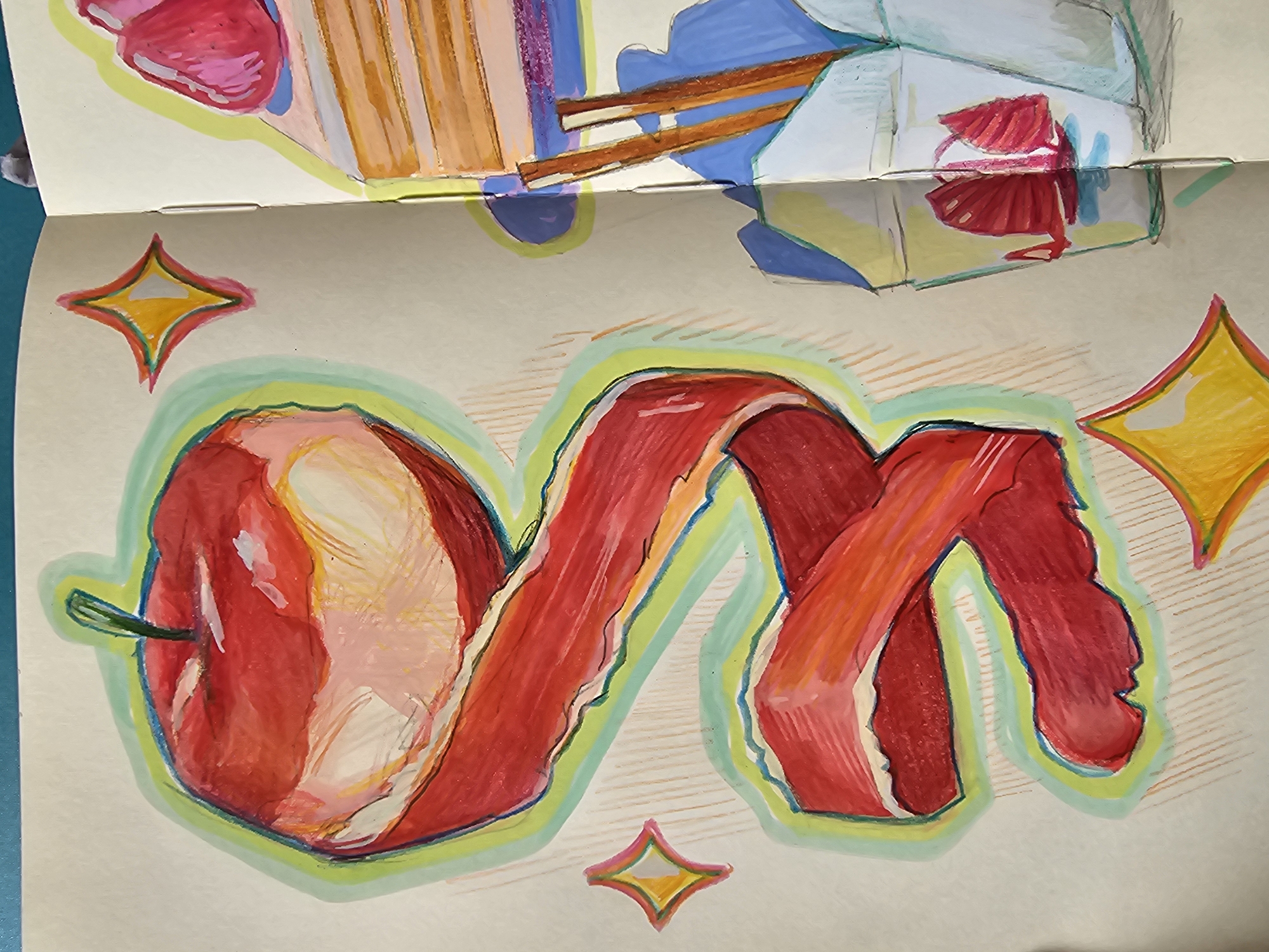 The image is a drawing in a sketchbook. The top half of the sketchbook page shows a partially visible drawing of stacked objects, including what appears to be a box or container with a red object inside, along with some orange and blue shapes. The bottom half of the sketchbook page displays a drawing of a red apple with a spiraling peel. The apple and peel are outlined in a light green aura. There are four yellow diamond-shaped stars randomly placed around the apple and peel. The background of the page is off-white with faint, horizontally-drawn orange lines.
The image was not taken in Burgas, Bulgaria. The drawing is unlikely to correspond to any specific location in Burgas.