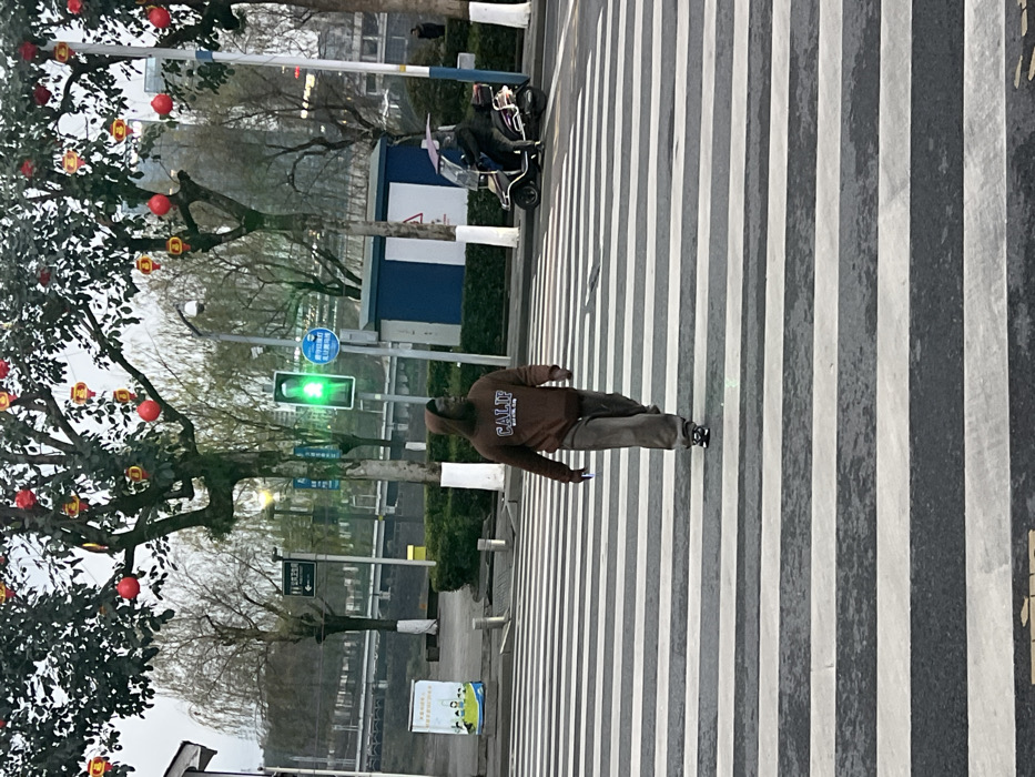 The image displays an urban street scene in Jiangjin, China. A dark-skinned individual wearing a brown hooded sweatshirt with "CALIF" written on the front, dark trousers, and dark sneakers is walking from left to right across a pedestrian crosswalk composed of white and black stripes. The individual holds a small, rectangular white object in their left hand. Overhead, trees lining the street are decorated with numerous red and yellow spherical and lantern-shaped ornaments. A green traffic light is visible on a pole to the right of the crosswalk. Further right, a person operates a dark-colored three-wheeled electric scooter on the roadside. In the background, a blue and white utility box, a green sign with Chinese characters and a restroom symbol, and other traffic signs are visible. Distant buildings and a body of water or distant road with a railing are present under an overcast sky.