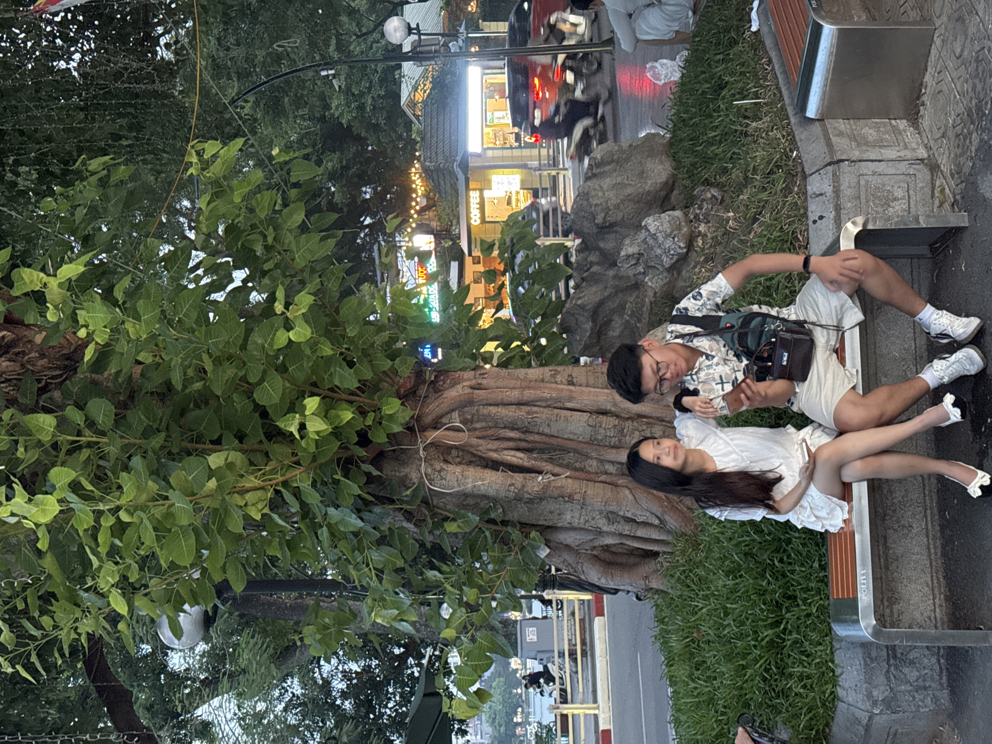 The image captures a scene near Hoan Kiem Lake in Hanoi, Vietnam, as dusk approaches. Two young individuals, a woman and a man, are seated on a modern metal bench. The woman, with long dark hair, wears a white dress and white shoes with bows. She holds a smartphone in her left hand and rests her right arm on the man's shoulder. The man, wearing glasses and a patterned shirt, has a dark sling bag across his chest. He is looking down at his phone, which he holds in his right hand.
In the background, a large tree with a thick, gnarled trunk stands prominently, its leaves forming a canopy overhead. Beyond the tree, a street is visible with traffic, including cars and motorbikes. Several low-rise buildings with illuminated signs, including one labeled "COFFEE," line the street. The overall atmosphere suggests a relaxed urban setting, likely a popular spot for locals and tourists to unwind. The lighting indicates it is either early evening or late afternoon.