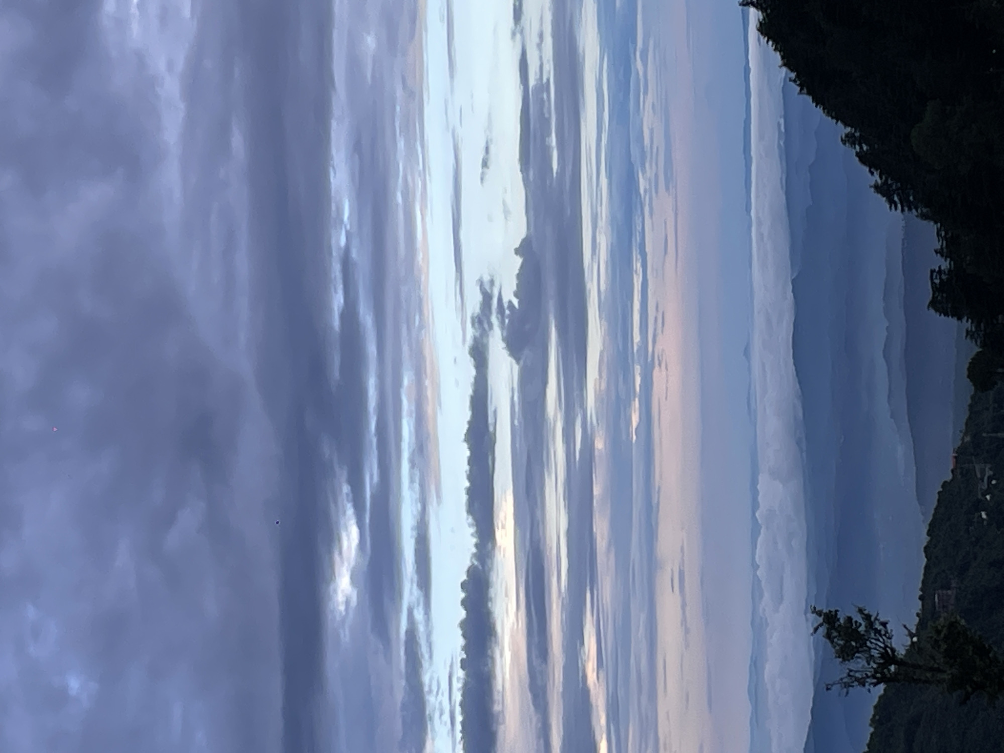 The image depicts a panoramic view of rolling hills and distant mountains shrouded in a hazy, atmospheric perspective, likely at dusk or dawn. The sky is filled with layered clouds in shades of deep blue, gray, and hints of pale pink and white, creating a dramatic and serene sky. In the foreground, the dark silhouette of a lush, tree-covered hillside is visible on the right, with a single, sparse tree in the mid-ground on the left. A layer of thick, white clouds is nestled within the valleys, obscuring the lower parts of the mountains. The overall impression is one of natural beauty and tranquility, possibly a landscape view from Bhagsu, India, known for its scenic mountain vistas and often veiled in mist.