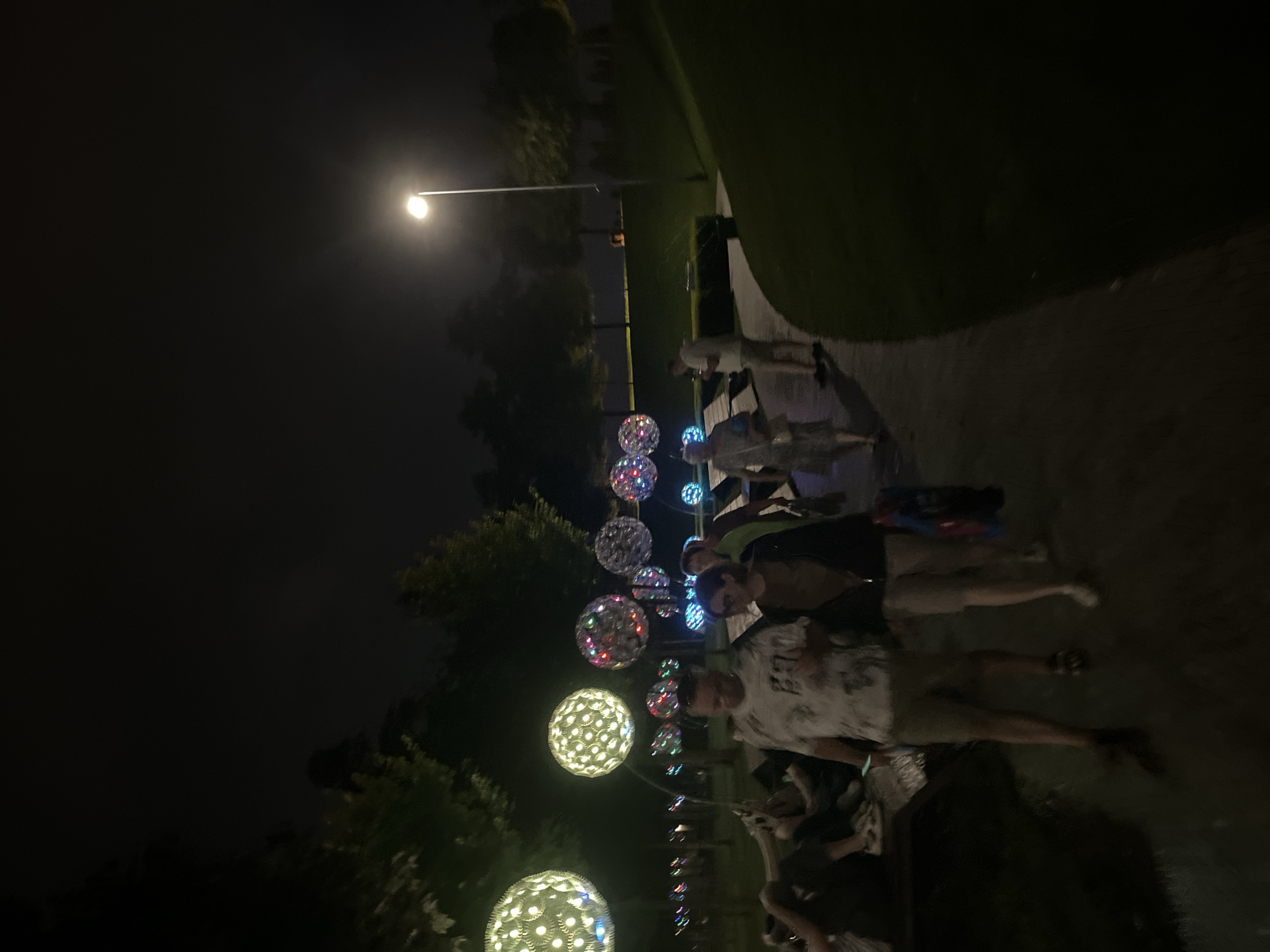 A group of people are walking through a park at night. The park is illuminated by decorative spherical lights that are strung between trees and on poles. A tall street light is visible in the background. Some people are sitting on benches on the left side of the image. The ground is paved with a dark material, and a grassy slope is on the right. The overall atmosphere is festive and illuminated by artificial light. The location is identified as Krasnodar, Russia, a city known for its parks and public art installations.