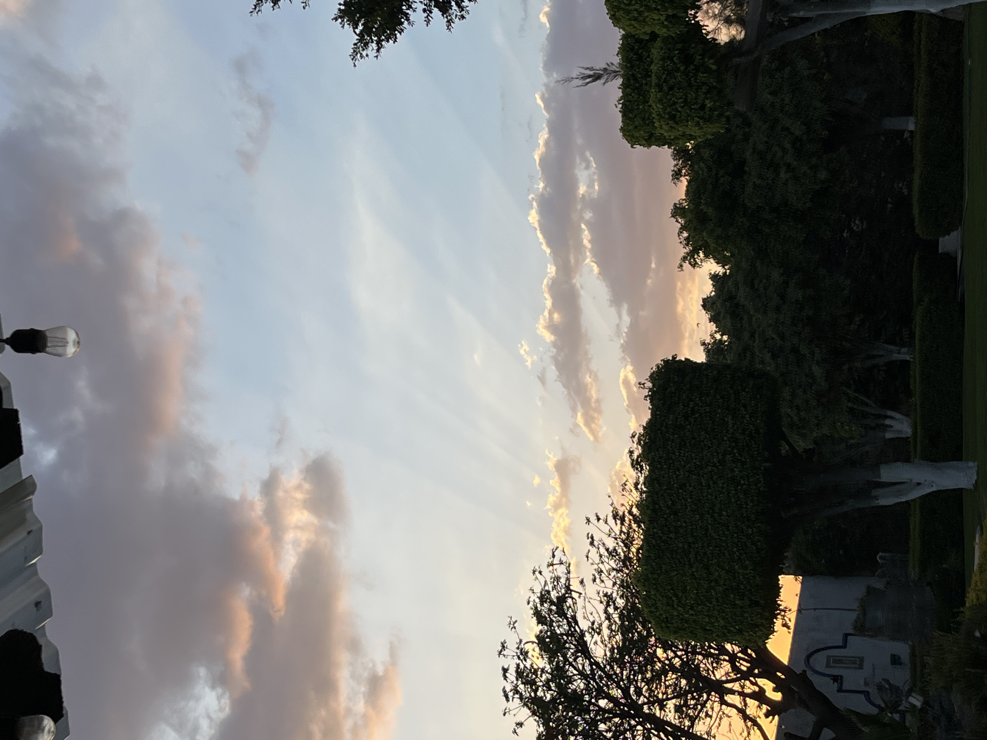 The image captures a sunset scene in Puebla, Mexico. The sky is a mix of pale blue and orange hues, with crepuscular rays emanating from behind a layer of clouds. The foreground shows trees and bushes, silhouetted against the sky. The trees along the right side have had their trunks painted white. In the lower right corner, a small building with decorative elements is visible. The image appears to have been taken from a slightly low angle, looking upwards. To the left, a portion of a building and a light fixture are visible.