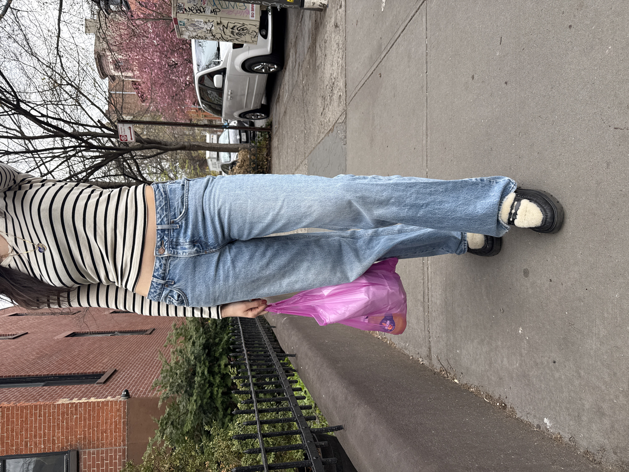 A person is walking on a sidewalk in what appears to be a residential area of New York City, based on the brick buildings and street style. The person is wearing a striped long-sleeved shirt, light blue jeans, and black shoes with a light-colored trim, possibly shearling. They are holding a pink plastic bag, which appears to contain items. The sidewalk is made of concrete and is bordered by a low concrete wall and a black wrought-iron fence. Beyond the fence is green foliage. In the background, there is a white minivan parked on the street, a tree with bare branches, and some buildings with pink flowering trees. The sky is overcast.