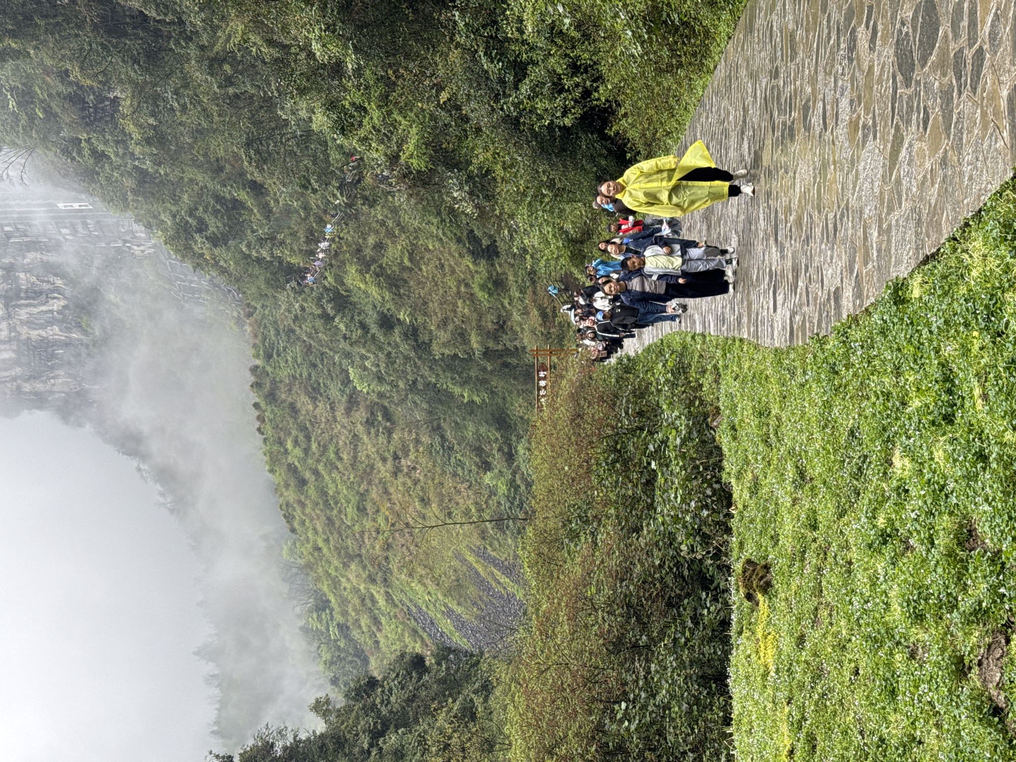 The image shows a view of a group of people walking on a paved path in a mountainous region, likely the Wulong Karst Geological Park in Chongqing's Wulong District, China. The path is edged with lush green vegetation. The left side of the image reveals a steep slope covered in dense greenery and mist. A distant structure, possibly a viewing platform, is visible on the slope. The group includes individuals dressed in casual clothing, with one person wearing a bright yellow rain poncho. Some of the individuals appear to be interacting with each other.