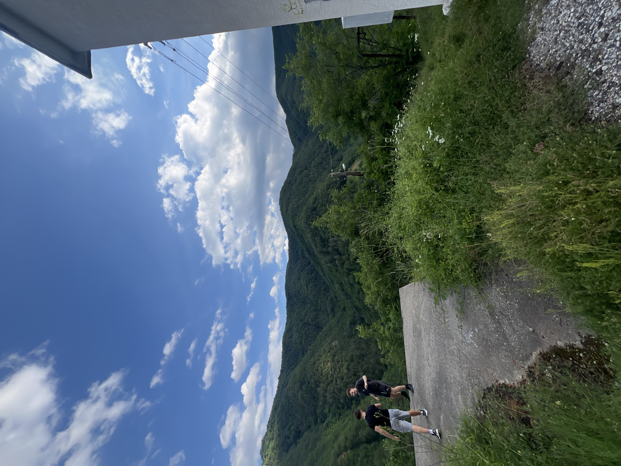 The image depicts two young males standing on a concrete surface in an outdoor, hilly, and wooded environment. The male on the left is wearing a black t-shirt and light-colored shorts. The male on the right is wearing a black t-shirt and black shorts. They are facing towards a lush green valley with densely forested hills. The sky is blue with scattered white clouds. To the right of the scene, a portion of a white building with a sloped roof is visible, along with power lines. The concrete surface appears to be part of an elevated structure, possibly a platform or the edge of a road. Vegetation, including tall grass and small white flowers, grows around the concrete. The overall impression is a scenic view from a relatively high vantage point overlooking a natural landscape. The image does not provide specific location details within the city of Pechinska, Bulgaria.