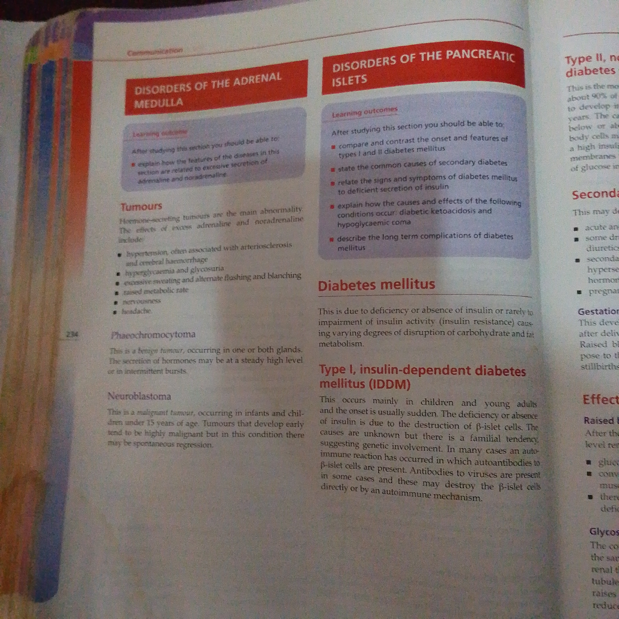 The image is a photograph of an open textbook, likely a biology or health science textbook, showing two main sections. The left section is titled "DISORDERS OF THE ADRENAL MEDULLA" and discusses "Tumours," "Phaeochromocytoma," and "Neuroblastoma." The right section is titled "DISORDERS OF THE PANCREATIC ISLETS" and focuses on "Diabetes mellitus," "Type I, insulin-dependent diabetes mellitus (IDDM)," and mentions "Type II, non-insulin-dependent diabetes." The page numbers are visible on the left side, indicating page 234. There are no people, objects, or interactions that would suggest a location in Jalingo, Nigeria. The image is a close-up of text on paper.