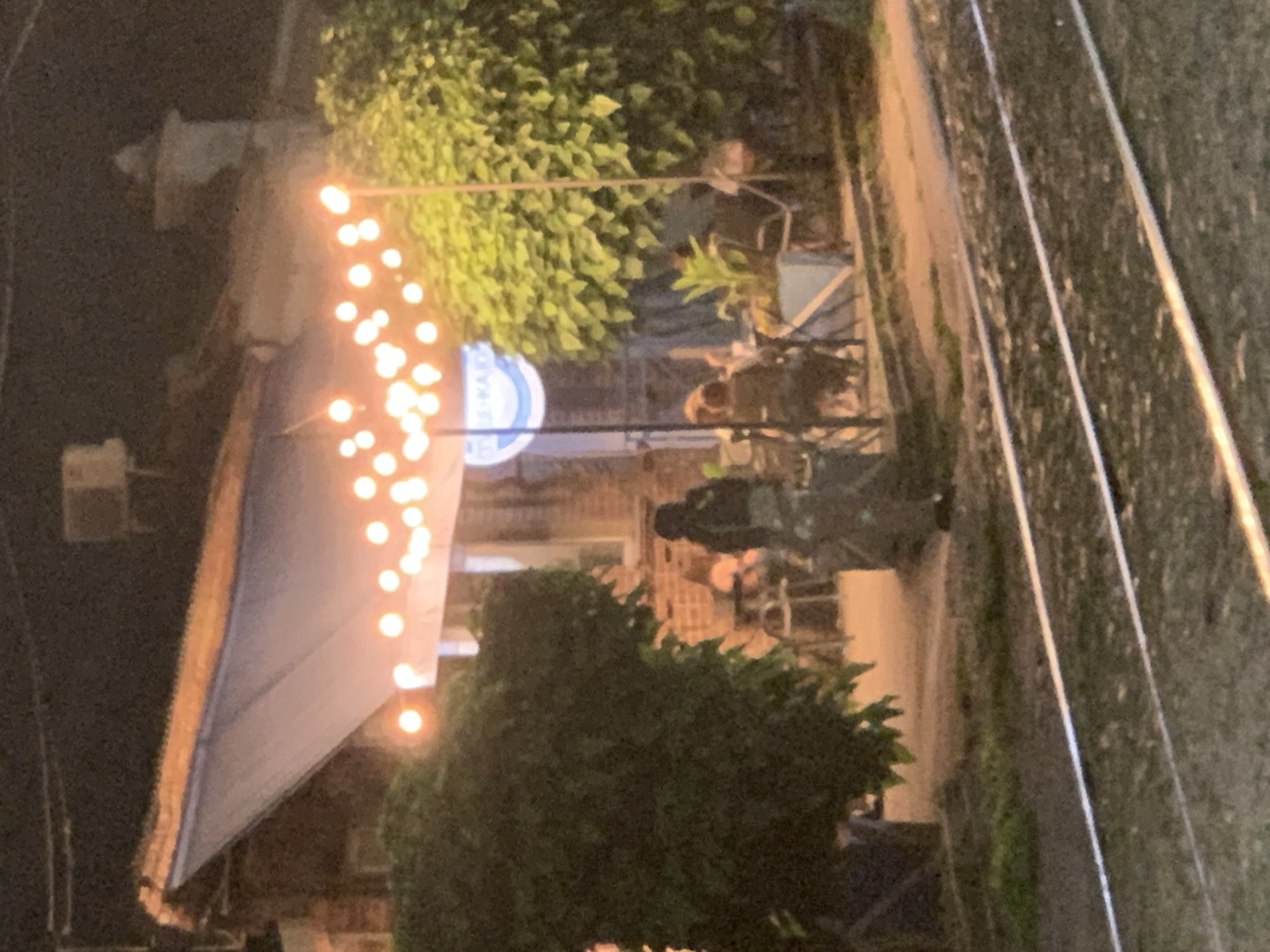 The image depicts an outdoor seating area at night, possibly a restaurant or cafe, with string lights illuminating the scene. A large, light-colored awning extends over a portion of the area, providing shade and shelter. In the background, lush green foliage forms a dense backdrop, interspersed with glimpses of building structures. Several people are visible, seated at tables and engaged in conversation, suggesting a social gathering or dining experience. One person, dressed in dark clothing, appears to be standing or moving near the tables, possibly an employee or patron.
A circular blue and white sign with some text is partially visible among the greenery. The lighting suggests it is nighttime, with the artificial lights casting a warm glow. The presence of the awning and the outdoor seating arrangement implies a temperate climate where al fresco dining is possible. The overall atmosphere seems relaxed and convivial. The right side of the image shows parallel lines that resemble railway tracks, hinting at a location near a train line. The ground is paved, and there are plants and possibly furniture arranged around the seating area. The image has a slightly grainy quality, typical of low-light photography.
