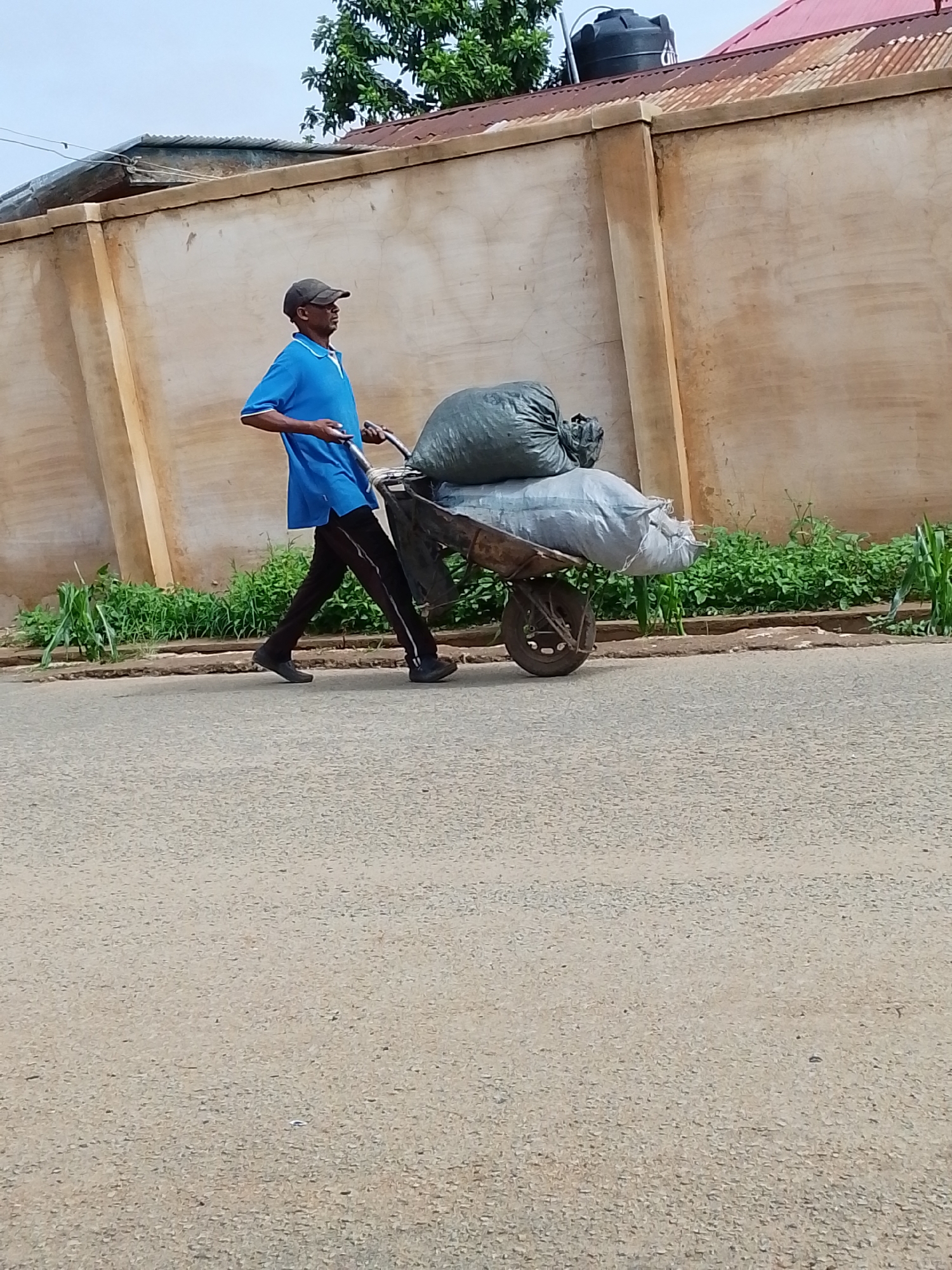 The image shows a man in Jos, Nigeria, pushing a wheelbarrow loaded with two large bags. He is wearing a blue shirt, dark pants, and a cap. He is walking on a paved road next to a low wall. Green vegetation grows behind the wall. Buildings with corrugated metal roofs are visible in the background. The scene appears to be a residential area of the city.