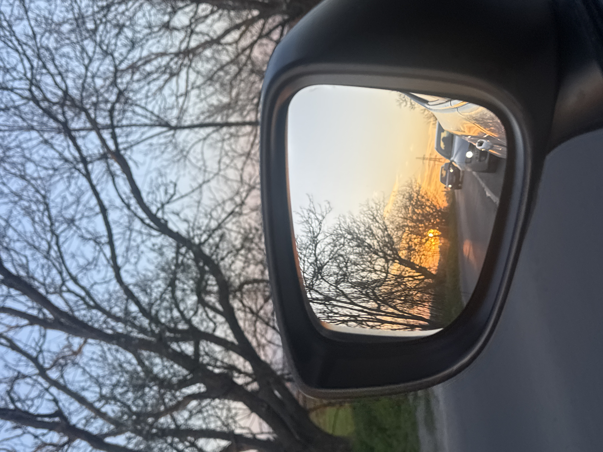 The image depicts a car's side mirror reflecting a sunset with bare trees in the background, and two cars in the mirror. The foreground consists of more bare trees and the car itself. The location is possibly Burgas, Bulgaria.