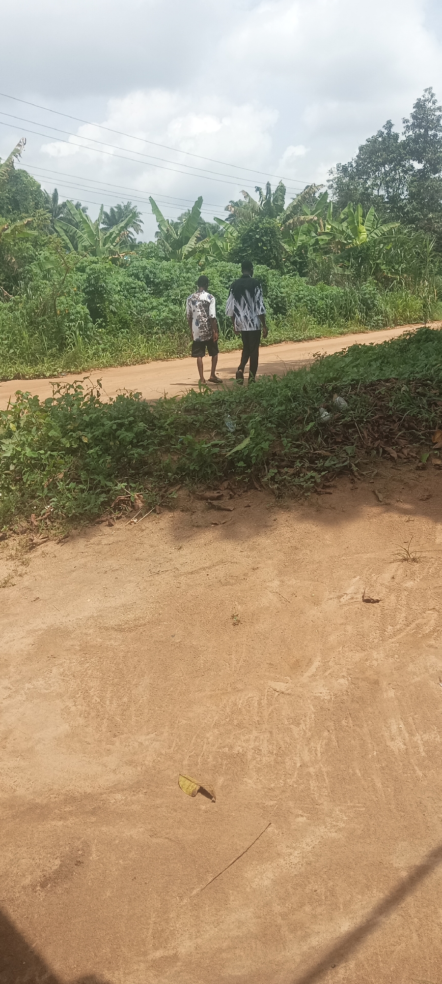 Two individuals are walking on a dirt road in Amauzu, Nigeria. The road is lined with dense vegetation. The foreground shows an expanse of dirt. Overcast skies are visible.
