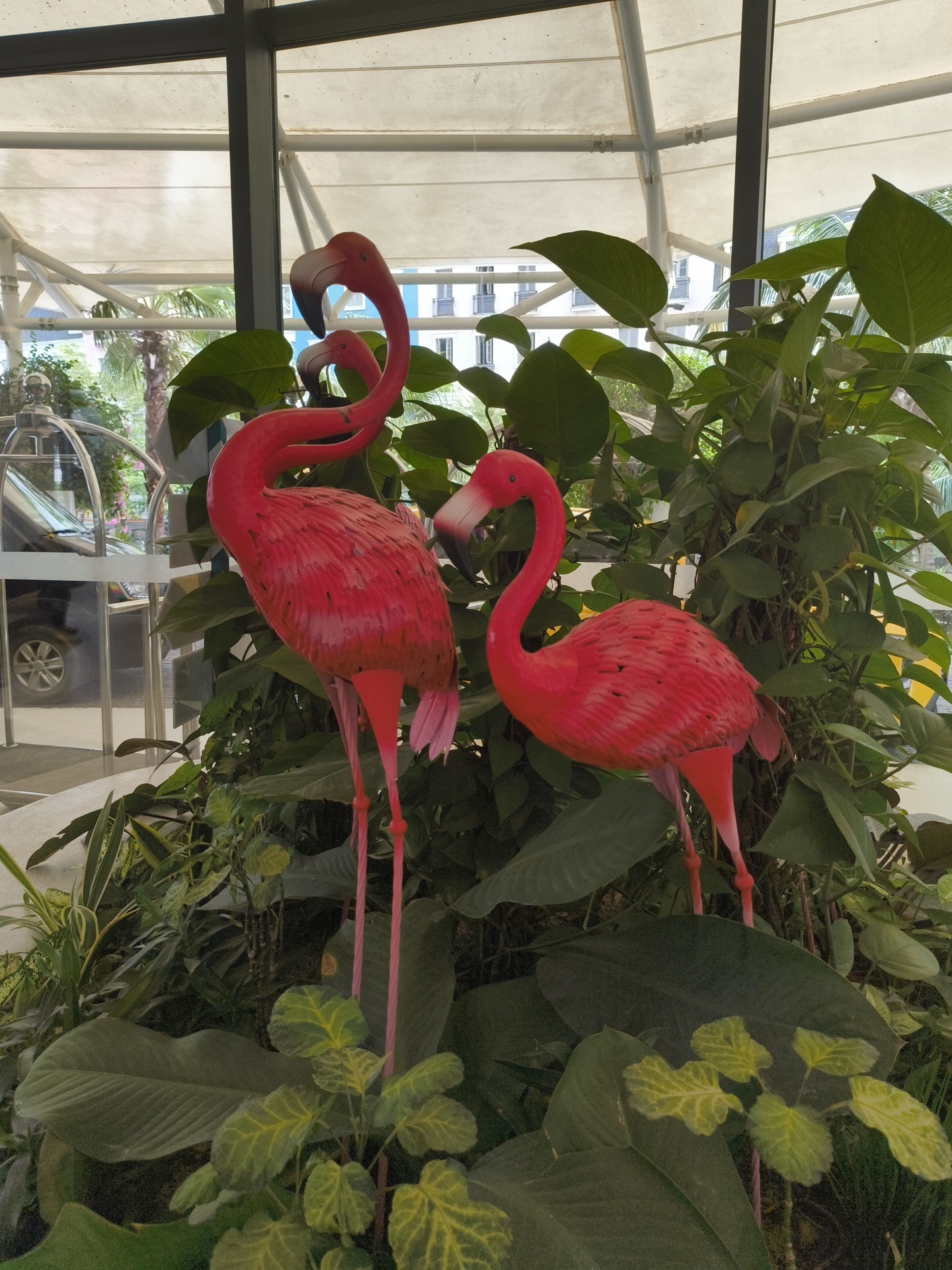 Two bright pink flamingo lawn ornaments stand amidst lush green foliage. One flamingo is slightly taller and positioned to the left, with its neck curved in an S-shape. Its body is detailed with textured feathers, and its long, slender legs support it. A second flamingo stands to the right, facing partially away from the viewer, with its neck gracefully arched. A third flamingo's head and neck are visible behind and between the two prominent ones, suggesting they are part of a grouping. The background reveals a large window with a white awning overhead, allowing natural light to filter through. Beyond the window, a glimpse of a building facade and greenery can be seen. The scene appears to be set in an outdoor or semi-outdoor area, possibly a hotel lobby or garden in Phú Quốc, Vietnam, given the tropical plant life.