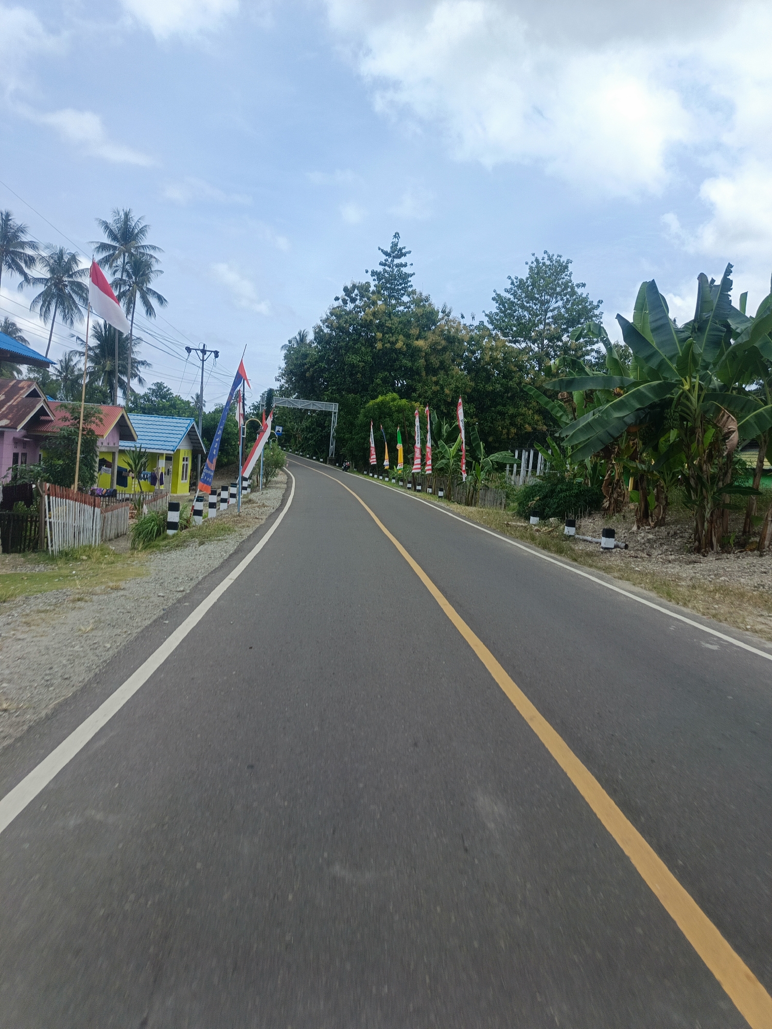 The image shows a rural road in Molamahu, Indonesia, lined with palm trees and banana trees. On the left side of the road, there are several small, colorful houses. Flags, including the Indonesian flag, are visible, suggesting a national celebration or commemoration. The road is paved with asphalt and has a yellow dividing line. The sky is partly cloudy, and the overall scene depicts a bright, outdoor environment.