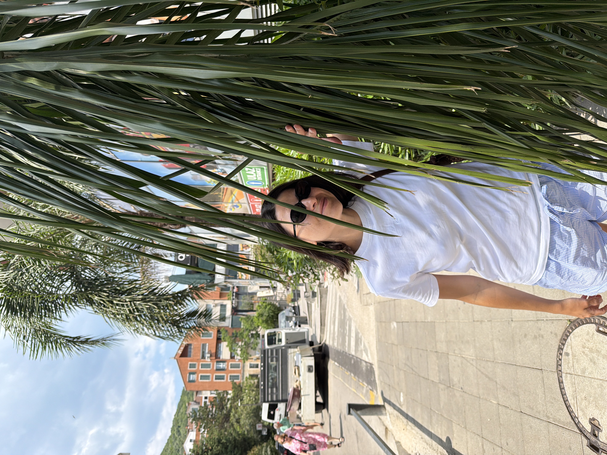 A woman wearing sunglasses, a white t-shirt, and blue and white striped shorts is standing near a palm tree. The background shows a city street with buildings, cars, and pedestrians. The location is likely Budva, Montenegro, based on the architecture and vegetation visible in the image.