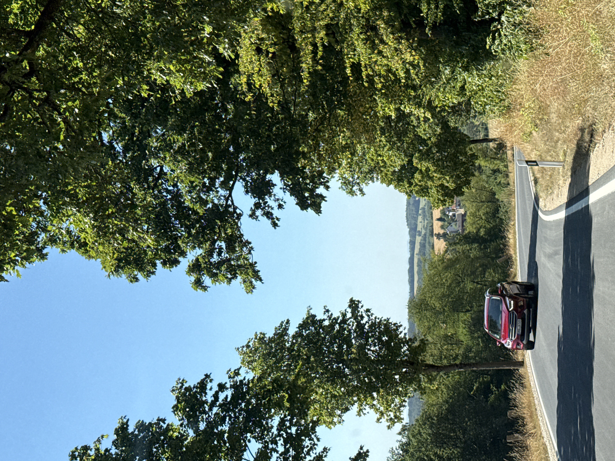 A bright, sunny day in Bad Sachsa, Germany, features a red SUV driving on a winding asphalt road flanked by lush green trees. The road has a white dividing line and a white marker post on the right side. In the background, rolling hills are dotted with trees and a small cluster of houses. The sky is clear and blue.