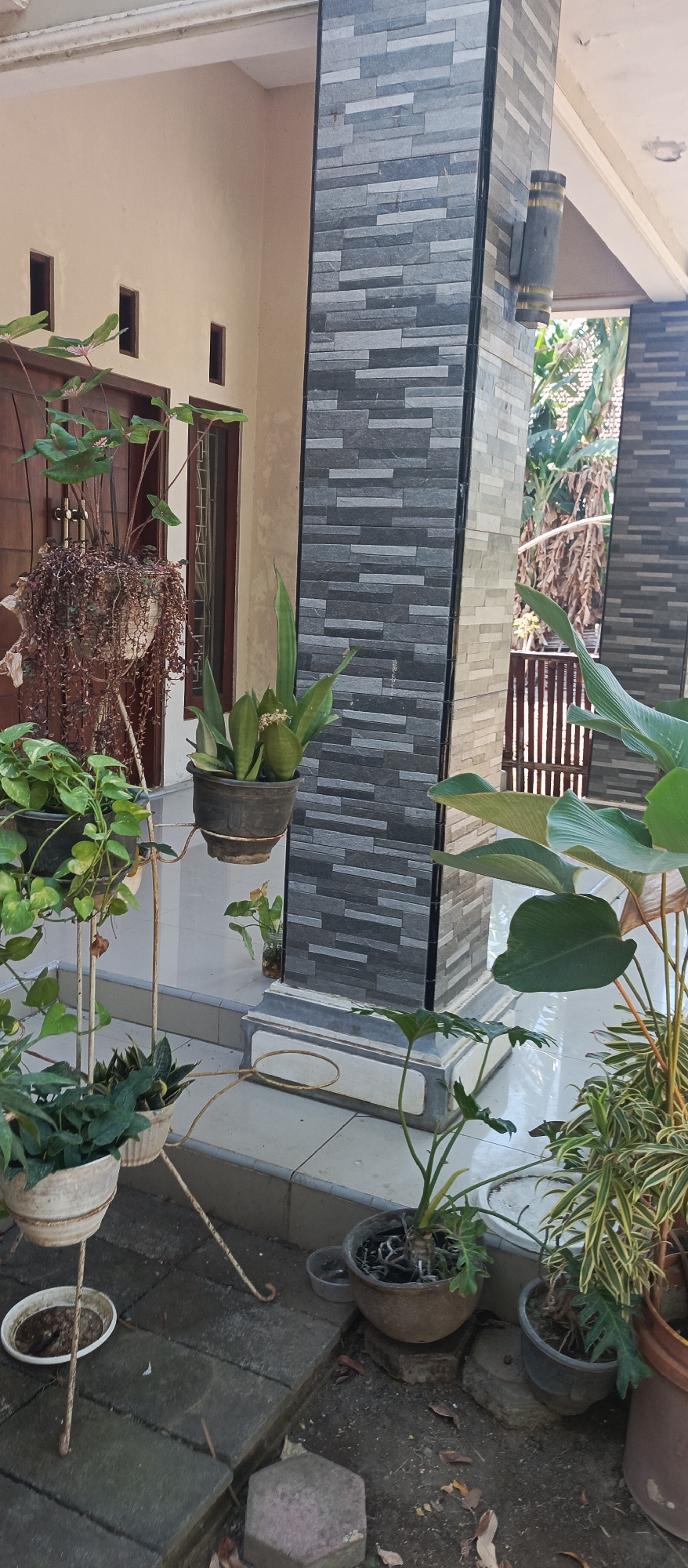 The image depicts an outdoor area in front of a building, possibly a home or small business, in Jatisari, Indonesia. The scene is dominated by various potted plants arranged on a tiled patio and adjacent ground. A prominent architectural feature is a dark gray stone-tiled pillar with a cylindrical light fixture attached to it. To the left of the pillar, there is a building facade with a beige painted wall, two dark brown doors, and small rectangular windows.
The plants are diverse, including a hanging plant with trailing vines in a white pot, a snake plant in a black pot, and other leafy green plants in various containers. Some plants are placed on a decorative white metal stand. The ground is paved with dark gray rectangular tiles, with some areas of dry leaves and debris scattered around. In the background, a wooden fence and lush green foliage are visible, suggesting a tropical or subtropical environment. The lighting indicates it is daytime. There are no people visible in the image.