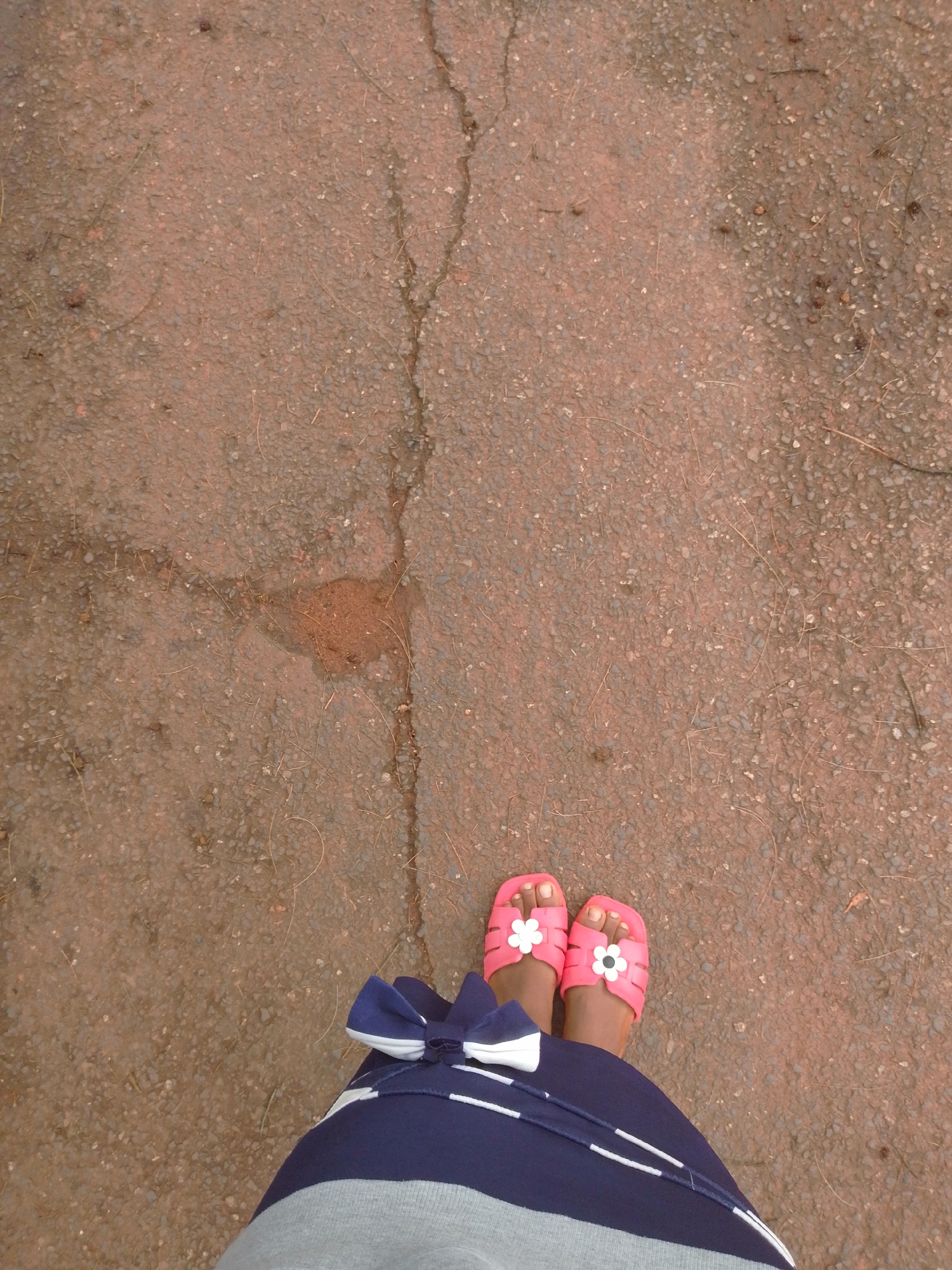 An overhead photograph taken in Nsukka, Nigeria, depicts the lower extremities of an individual standing on a cracked, reddish-brown paved surface. The ground, possibly asphalt or weathered concrete, is scattered with small pebbles and dried organic matter, including thin twigs. Notable cracks traverse the surface, with a small, darker patch, possibly damp earth or a deeper depression, visible within one of the fissures in the upper-middle section of the image.
The individual is wearing pink open-toe sandals, each adorned with a white, five-petaled flower embellishment featuring a dark circular center on the upper strap. The toes are visible within the sandals. Below the waist, the individual wears a garment, likely a dress or skirt, which is horizontally striped. The upper portion of the visible garment is navy blue with thin white horizontal stripes, transitioning to a solid light grey section below. A decorative blue fabric bow with a white knot is positioned on the left side of the garment, near the top of the visible section.