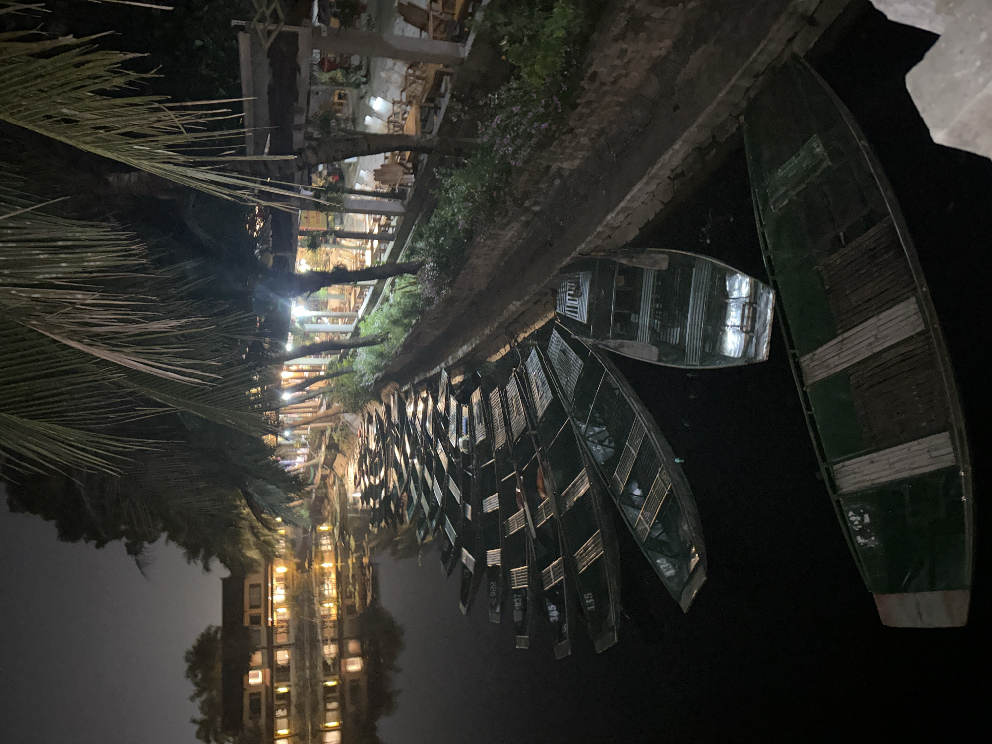 The image depicts a canal in Nam Hoa Lư Ward, Vietnam, at night. A long line of empty, green rowboats are moored along the canal's edge, reflecting the lights of buildings and palm trees. The buildings, illuminated from within, suggest a commercial or residential area. Some of the boats have numbers painted on their sides, such as 434, 345, 937, and 982. A few more boats are visible further down the canal and in the foreground. The scene conveys a sense of quietude and stillness in the darkness.