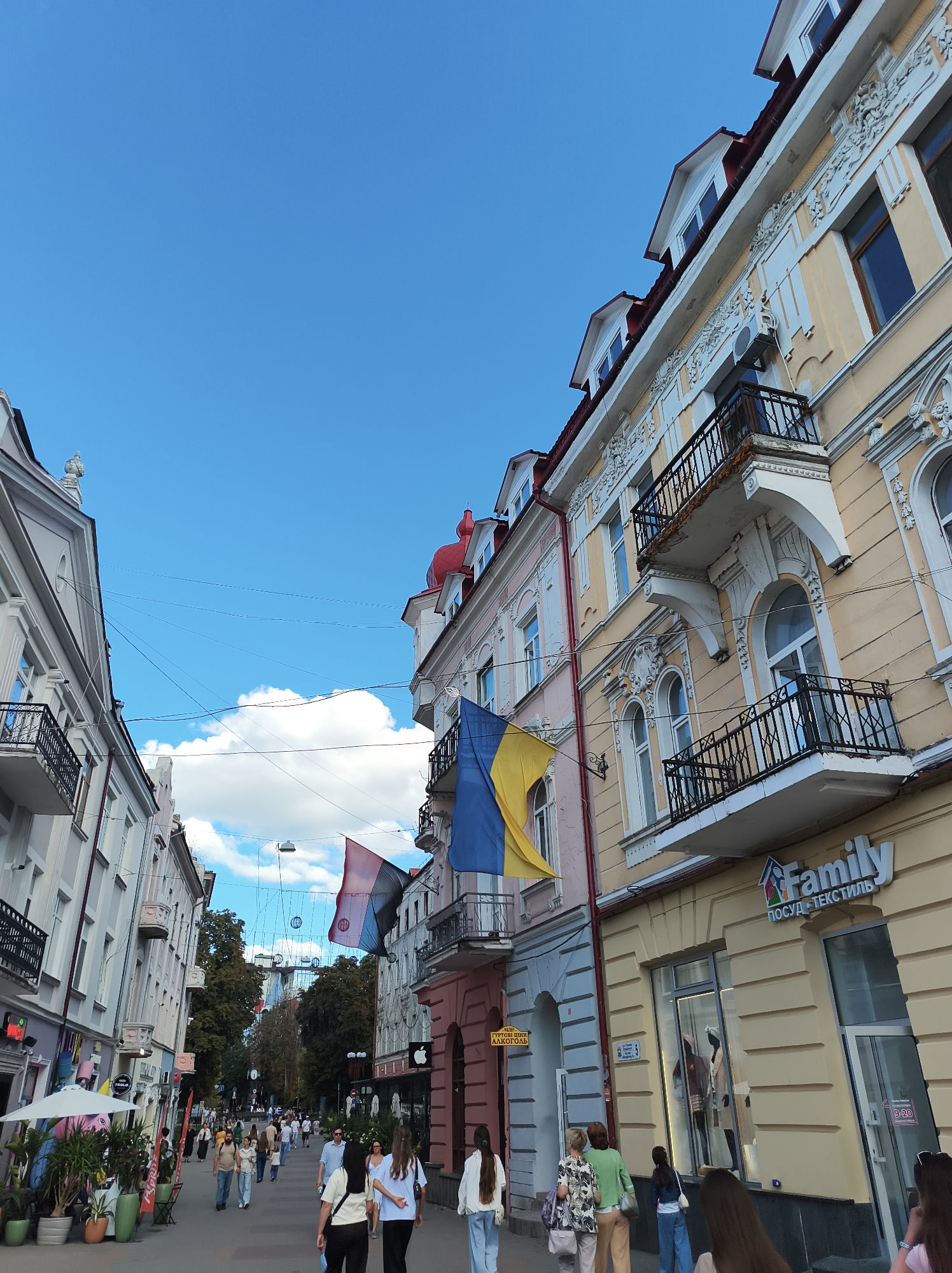 The image depicts a street scene in Ternopil, Ukraine, with classical architecture and a clear blue sky. The architecture features ornate facades, balconies with intricate railings, and mansard roofs, indicative of a historic city center. Multiple flags are visible, including the Ukrainian flag (blue and yellow) hanging from a building. People are walking along the street, some casually dressed, suggesting a normal day of activity. Shops and businesses are present along the street, indicated by signage and storefronts. The presence of overhead wires and streetlights suggests an urban environment. The overall atmosphere appears to be one of a bustling, yet serene, city street.
