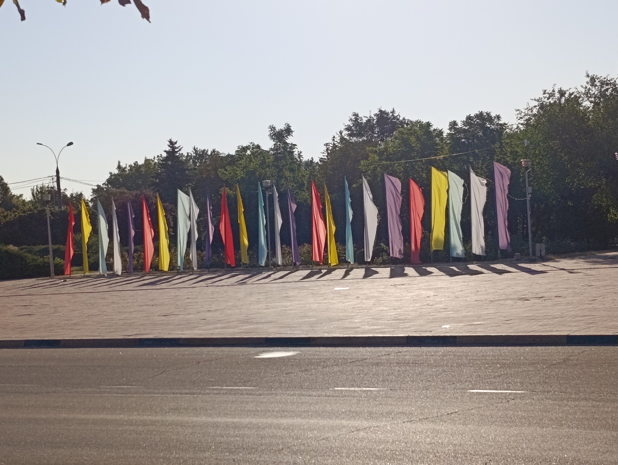 A row of colorful flags is displayed on flagpoles lined up along a paved walkway. The flags are of various colors, including red, yellow, blue, purple, and white. Behind the flags, there is a line of trees and foliage. In the foreground, a paved road is visible, with a curb separating it from the walkway. The sky is clear and blue. The scene appears to be a public area, possibly a park or a street in the city of Dubăsari town council, Moldova, due to the presence of flags and the general urban setting.