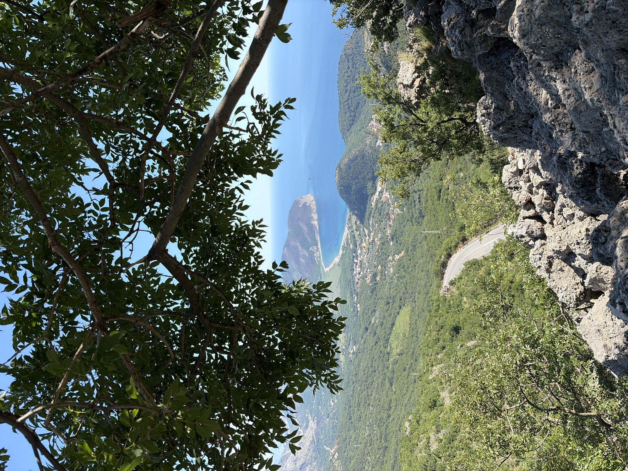 This is a high-angle, full-shot photograph taken from a rocky, vegetated overlook, looking down towards a coastal landscape. The foreground is dominated by large, grey rocks and dense green foliage from trees and shrubs. A winding paved road with white markings is visible descending a green, hilly slope in the mid-ground. Beyond the hills, a body of blue water, presumably the Adriatic Sea, stretches to the horizon. A sandy beach curves along the coastline, with a small town nestled between the hills and the water. In the distance, several peninsulas and islands are visible. The sky is clear and blue. The scene is located near Novoselje, Montenegro, offering a panoramic view of the coastal scenery and the surrounding terrain.