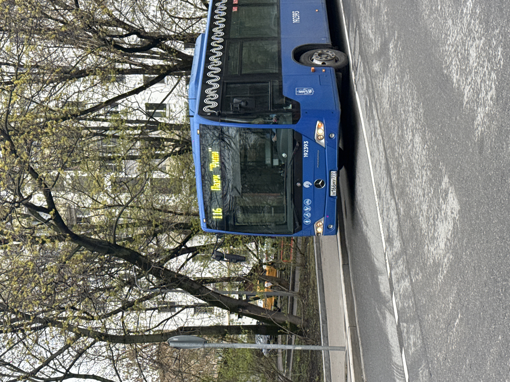 A blue Mercedes-Benz city bus, typical of Moscow's public transport, is captured driving on a wet asphalt road under an overcast sky. The image is taken from a slightly elevated perspective, looking down on the street.
The bus prominently displays the route number "116" and the destination "Парк 'Фили'" (Park "Fili") on its front digital display in yellow text. Its inventory number, "192393," is visible on both the front and side. The Russian license plate, "H166MY 777," is clearly legible on the front. A Mercedes-Benz logo and a Moscow city transport logo are also present on the front of the bus. A distinctive wavy pattern adorns the side of the bus along the roofline, and the Moscow city crest is visible on its side panel.
The street appears damp, suggesting recent rain or an overcast, humid day. Trees with early spring foliage, showing budding leaves, line the street, partially obscuring a light-colored building in the background. A street light pole is visible in the foreground to the left. In the distance, partially hidden by the trees, a yellow vehicle, possibly a taxi, can be glimpsed. The overall scene depicts a typical daytime urban environment in Moscow during early spring.