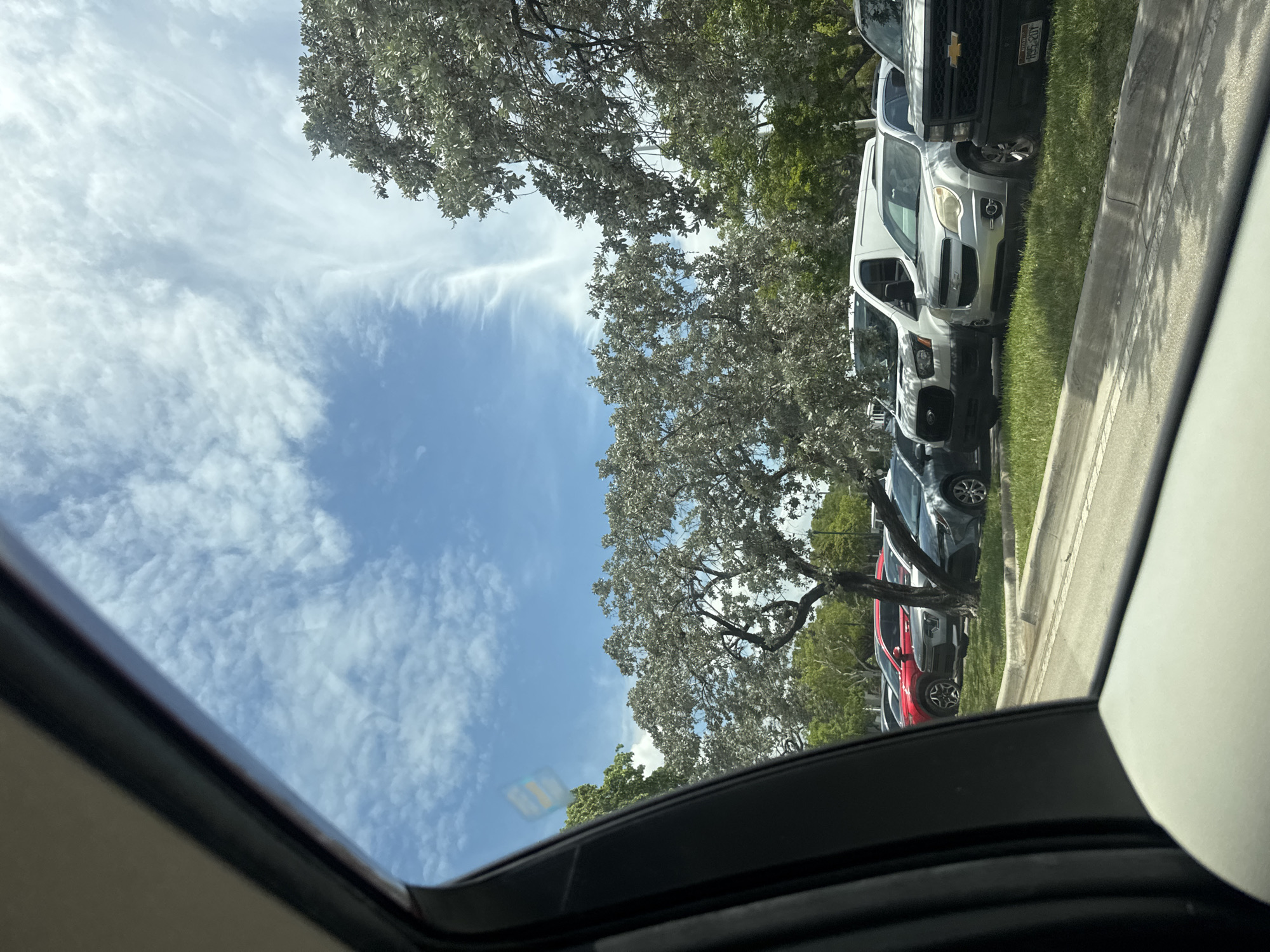 The image shows a parking lot in Aventura, Florida, United States of America, as viewed from inside a car. Several cars, including a red SUV, a silver SUV, a white van, and a black pickup truck, are parked on a grassy area next to a curb. Large trees with green and white foliage line the parking lot. The sky is blue with scattered white clouds, suggesting it is daytime. The interior of the car, including the dashboard and a window frame, is visible in the foreground.