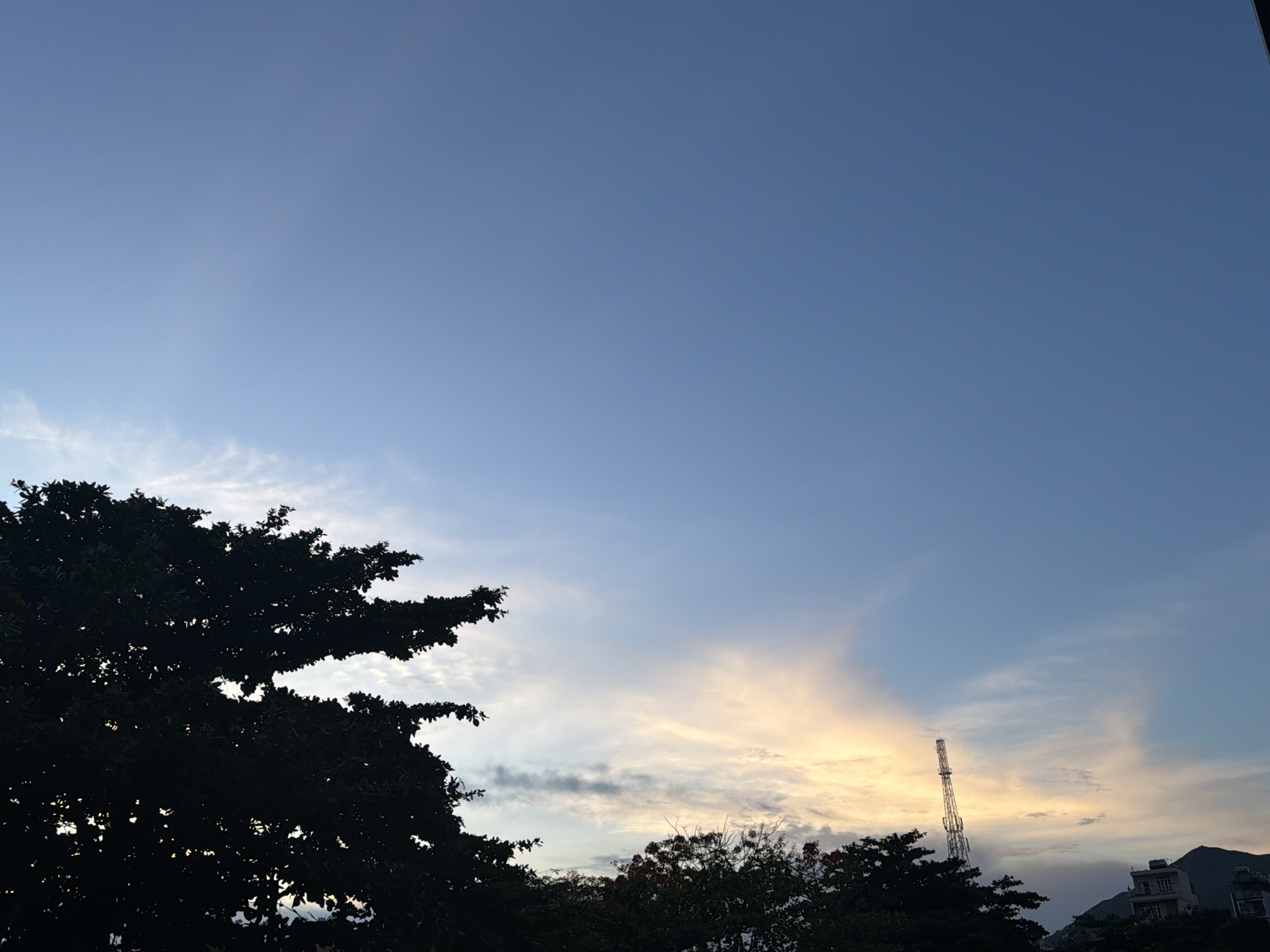 The image captures a twilight sky above Bac Nha Trang Ward, Vietnam. A silhouetted dense tree canopy dominates the left side of the frame, with smaller trees and foliage visible at the bottom. A tall, slender radio tower stands prominently in the mid-right, its metallic structure stark against the pastel hues of the sunset clouds. In the background, the outlines of buildings and hills are faintly discernible. The sky transitions from a deep blue overhead to lighter shades of blue and orange near the horizon, illuminated by the setting sun, with wispy clouds streaking across the expanse.