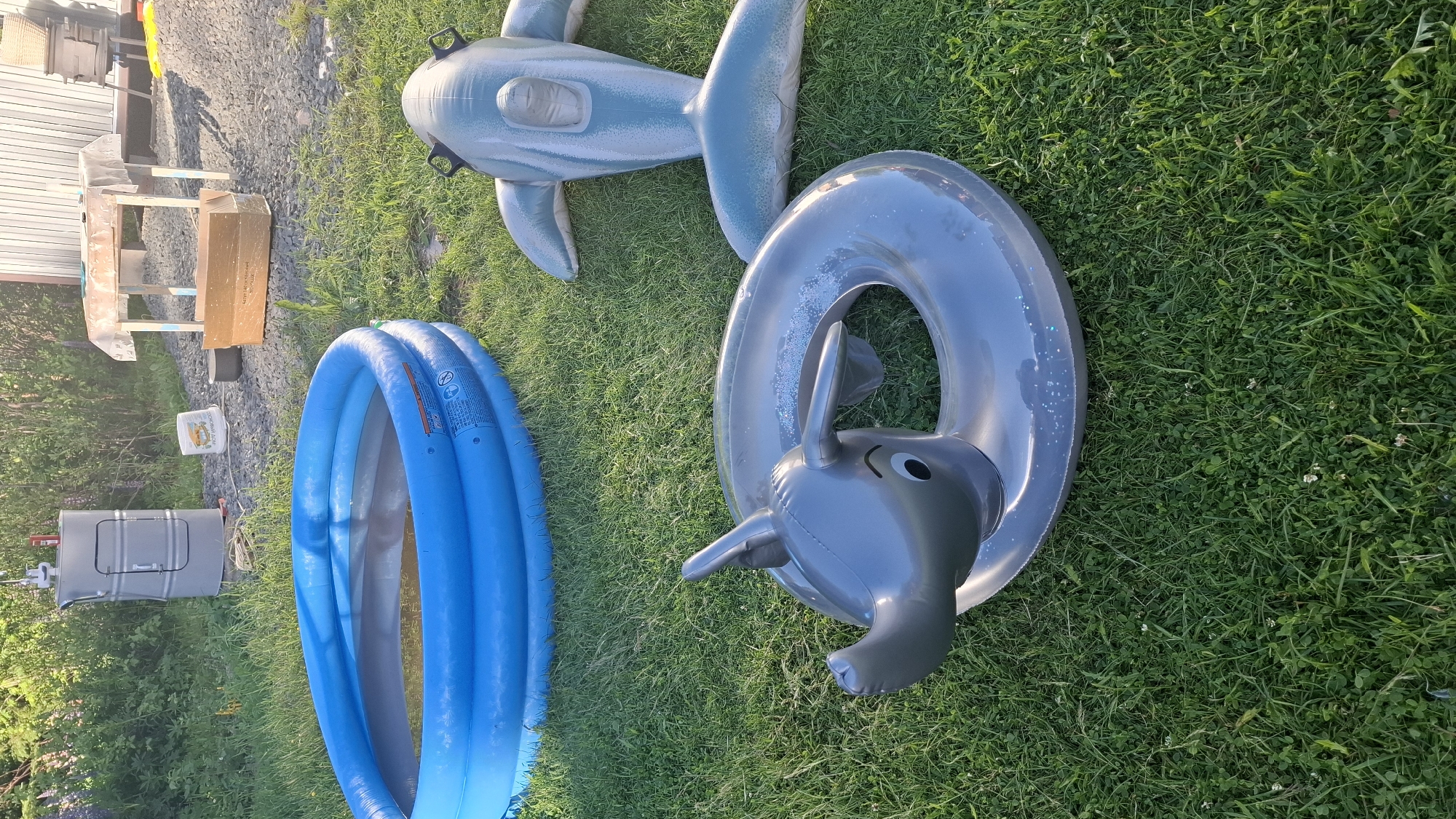 In the city of Novovilgovskoye Sel'skoye Poseleniye, Russia, a grass-covered yard is presented. An inflatable blue swimming pool is located on the left side of the frame. To the right of the pool, a grey inflatable elephant ring is on the grass, and further to the right, an inflatable shark is positioned. In the background, a grey barrel with a spigot is visible, alongside a small wooden table covered with a white cloth. The ground is a mix of gravel and grass, with some foliage and wooden structures in the distance.