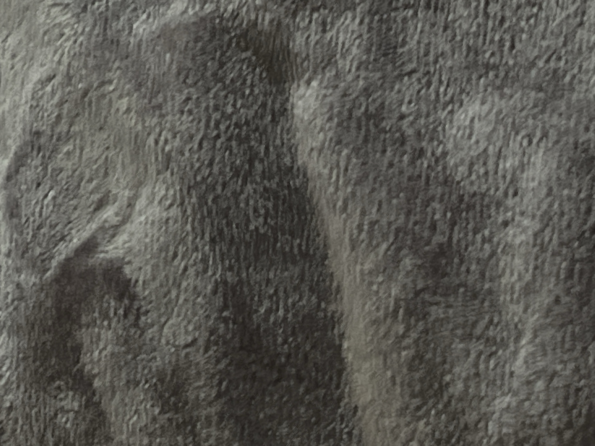 Depicted in Casablanca, Morocco, is a close-up, high-resolution view of a dark grey or charcoal-colored textile surface. The material exhibits a soft, fuzzy texture with short, dense fibers, characteristic of fleece or faux fur. The surface is uneven, presenting subtle undulations, folds, and shadowed depressions that create a tactile impression of depth and softness. Variations in light and shadow highlight the irregular pattern of the fibers. No distinct objects, figures, or specific actions are visible within the frame, emphasizing the material's texture as the primary subject.