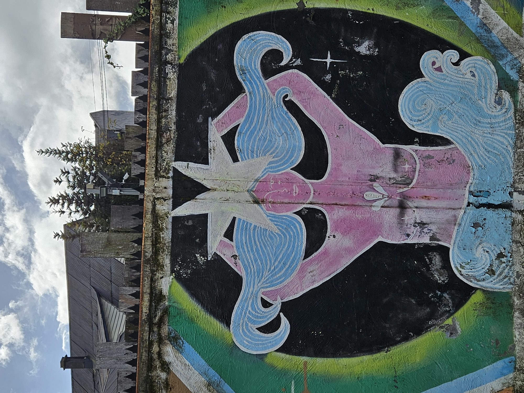 The image is of a colorful mural on a wall in Osorno, Chile. The mural features a pink figure with light blue, wavy hair. The figure appears to be holding a large white star. The background of the mural is primarily black, with a green and blue arc surrounding the figure. A small white star is visible in the upper part of the black background.
The mural is painted on a weathered wall with visible signs of age and damage. Parts of the wall's surface are peeling or chipped.
In the background, outside of the immediate mural, is a building with a metal roof, a chimney, and some vegetation. The sky is visible behind the building and is partly cloudy. A utility pole is also visible.