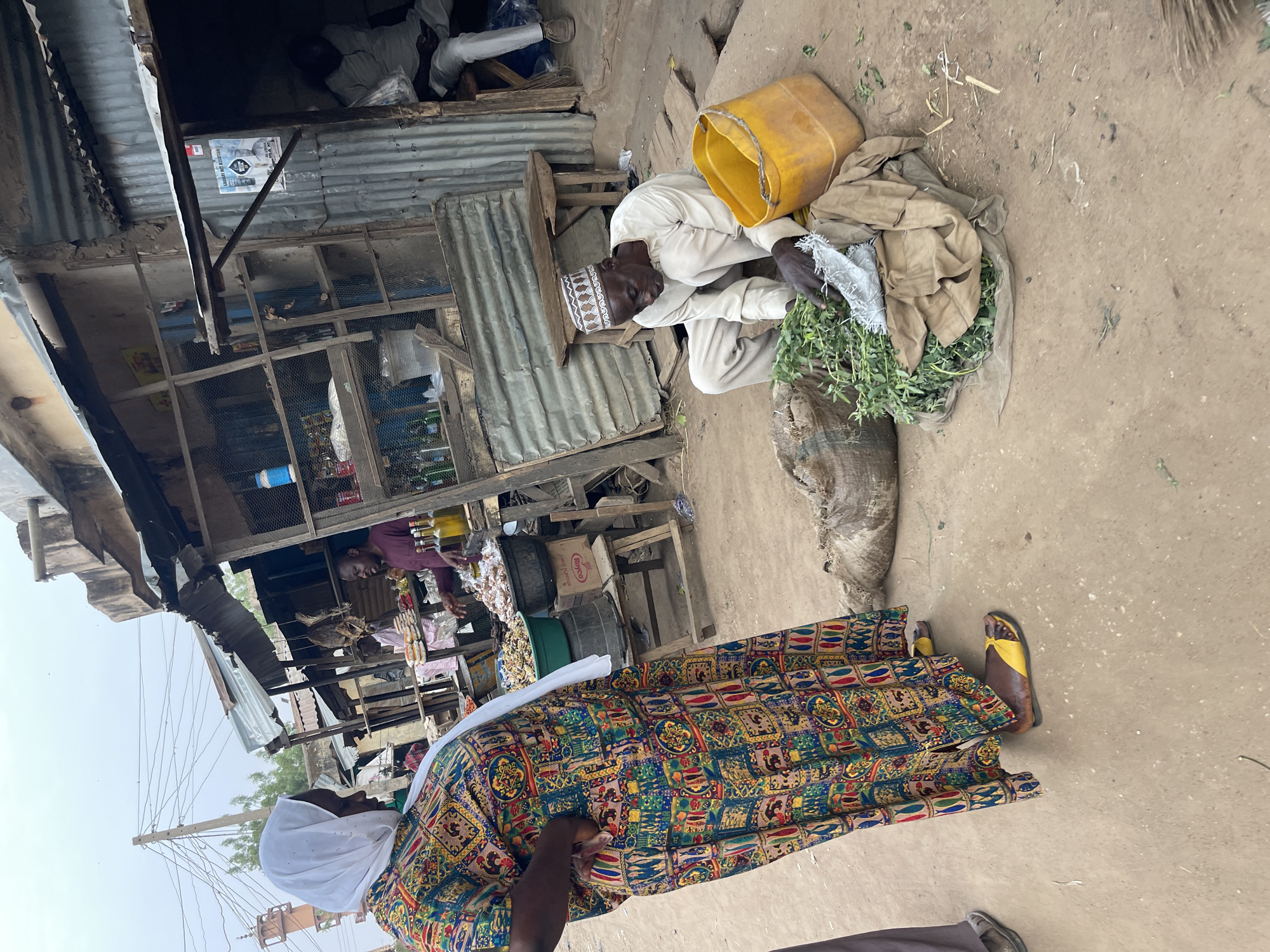 In Zaria, Nigeria, the image depicts an outdoor scene at a market. A man wearing a white outfit and a patterned kufi sits on a low wooden structure, sorting through a pile of green leafy vegetables. A yellow container is near him. A woman wearing a long, colorful patterned dress and a white head covering stands nearby. There is a ram or goat carcass on the ground. A shop with metal sheeting and wooden shelves displays various items. A man is standing inside tending the shop. The ground is dirt, and overhead power lines are visible.