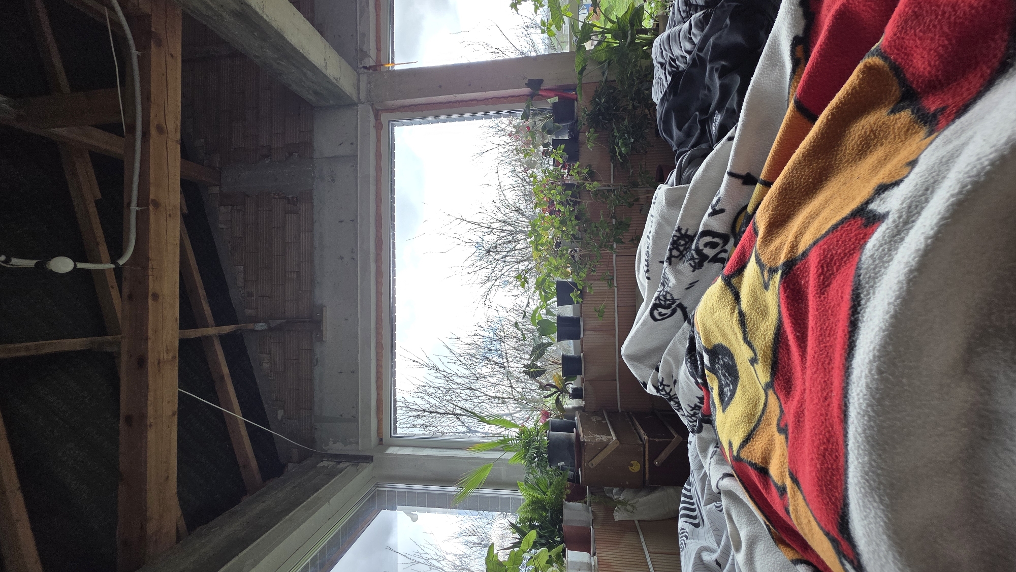 The image shows the interior of a building under construction in Branishte, Bulgaria. The view is framed by a window opening, with the rough brickwork and concrete beams of the structure visible. Exposed wooden support beams and electrical wiring are present on the left side. Outside the window, bare tree branches and various potted plants are seen on a ledge. In the foreground, a pile of folded blankets with colorful patterns obscures part of the view. The overall impression is of an unfinished space with a view of the outdoors, with personal items adding a sense of habitation amidst the construction.