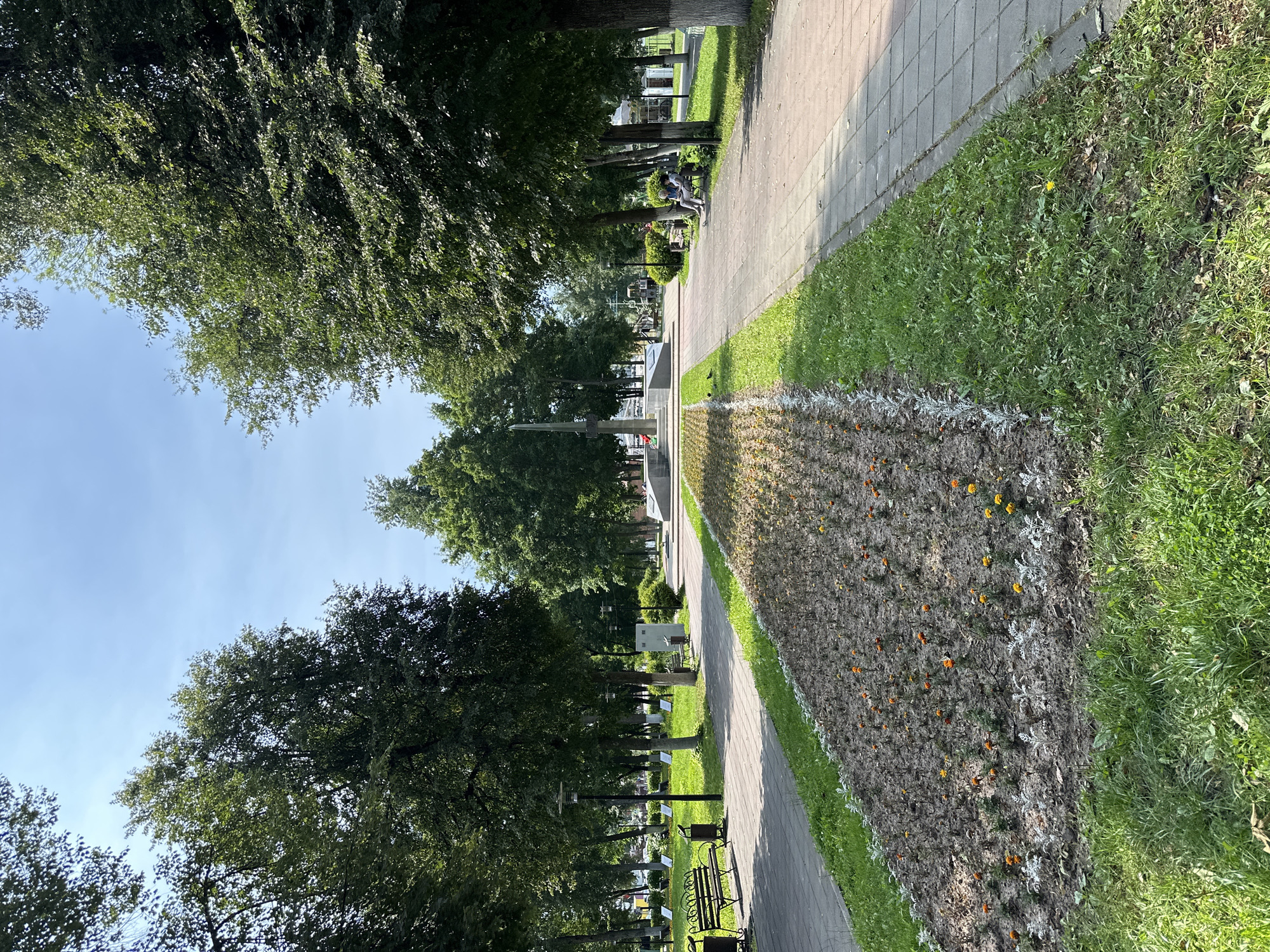 The image depicts a park in Selivanovo, Russia, on a sunny day. A paved walkway runs through the center of the park, bordered by a flowerbed in the foreground. The flowerbed contains a mix of soil, sparse orange and yellow flowers, and low-lying silver-leafed plants. Beyond the flowerbed, the walkway is lined with green grass, trees, and park benches. In the background, a monument stands tall at the end of the walkway, with other park structures and trees visible. Several people are present in the park, with some sitting on benches and others walking. The sky is clear and blue.