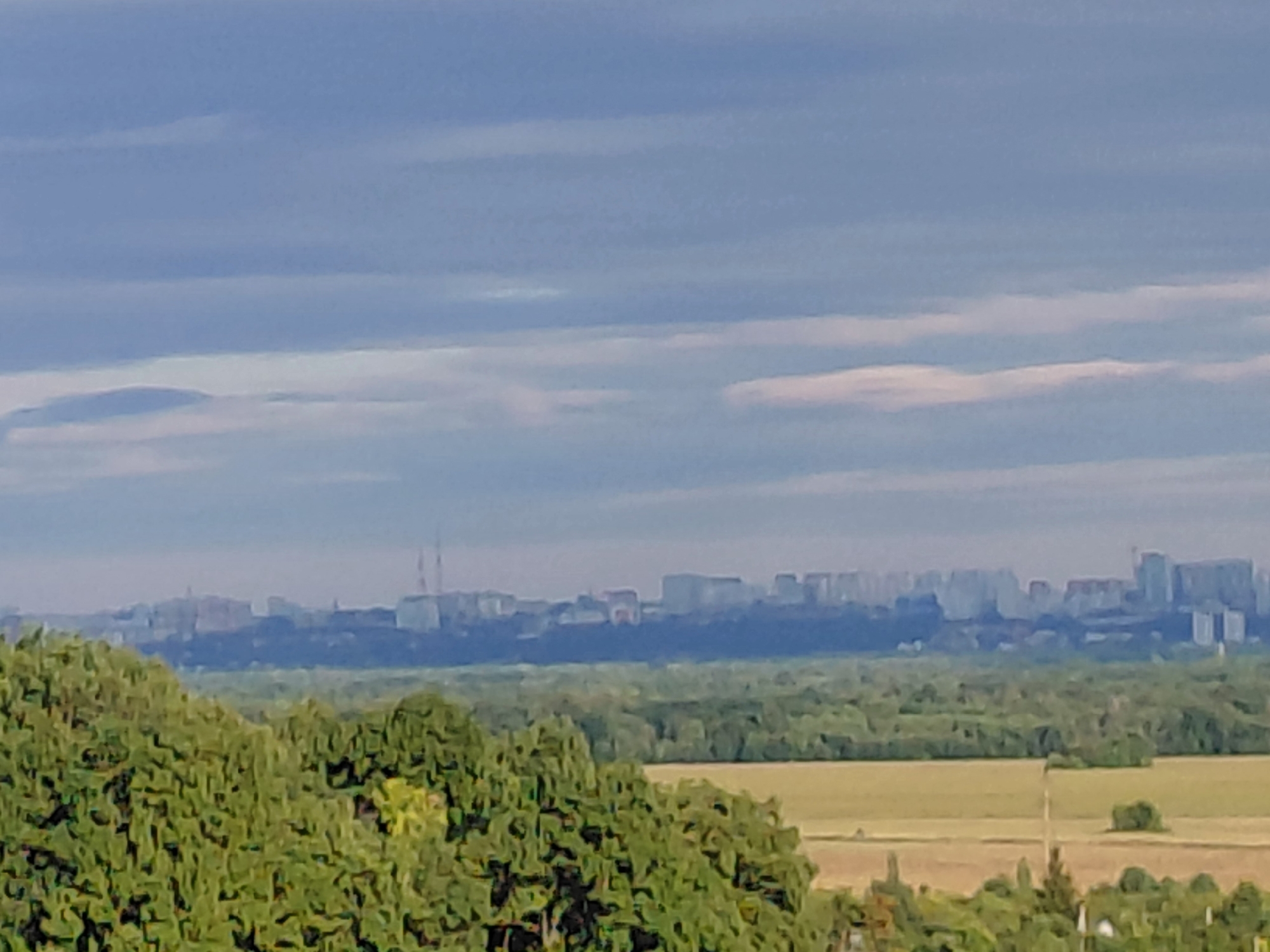 This image captures a distant view of a city skyline, likely from an elevated position overlooking a wooded area and fields. The foreground is dominated by the tops of lush green trees. Beyond the trees, a band of lighter green suggests a meadow or agricultural land. In the middle ground, a dense forest stretches across the landscape. The background features a sprawling cityscape with numerous buildings, including high-rise structures and what appear to be radio towers. The sky is overcast with soft, horizontal clouds. The scene is consistent with a view from the outskirts of a city, possibly in the vicinity of Verhnyaya Podstyopnovka, Russia, given the context provided. No people or specific actions are visible.