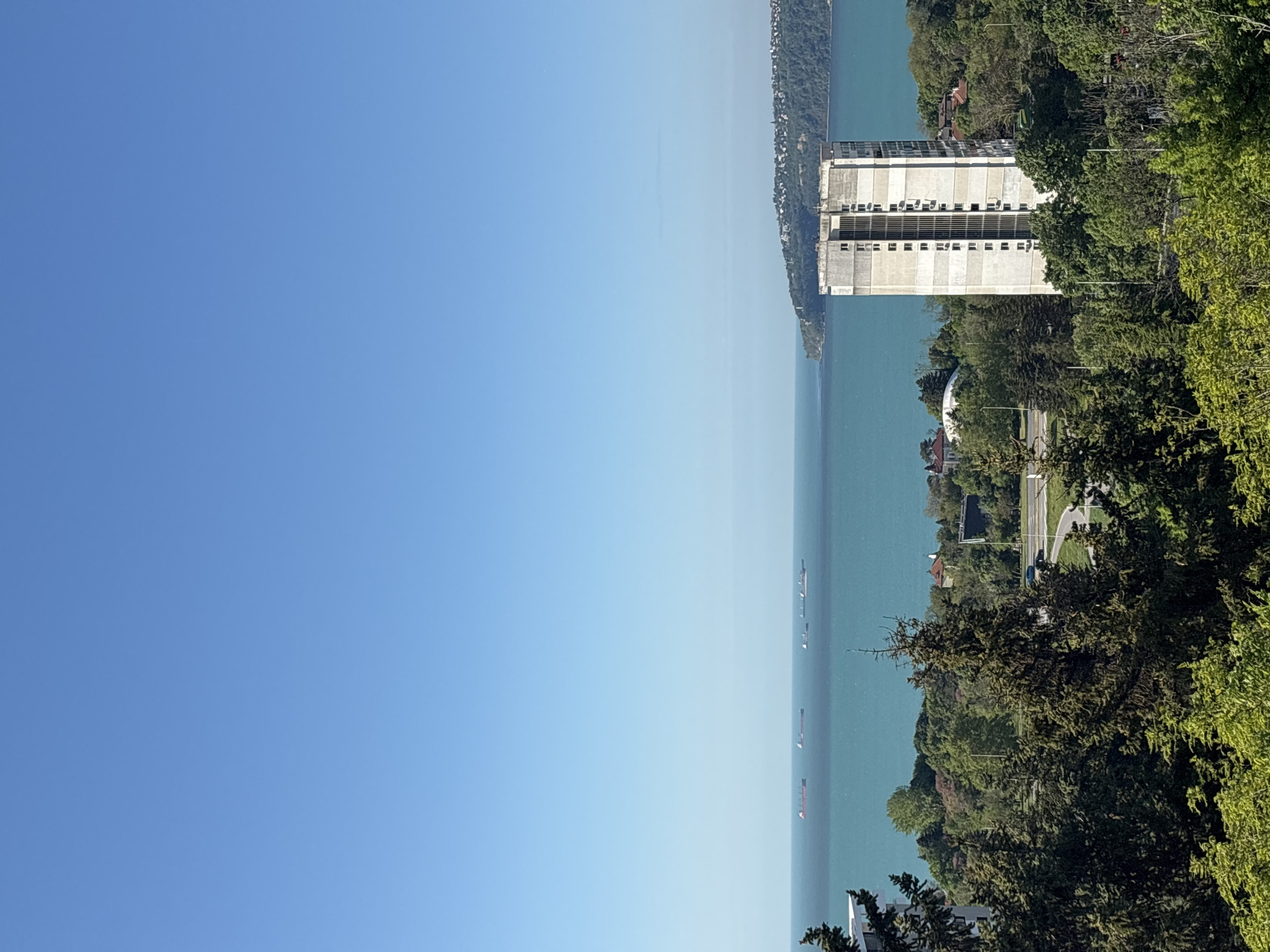 The image shows a view of the sea from an elevated position in Varna, Bulgaria. The sea stretches into the distance under a clear blue sky. Several cargo ships are visible on the water. The shoreline is densely vegetated with trees and some buildings, including a large, white, multi-story building, are nestled amongst the greenery. A road winds along the coast.