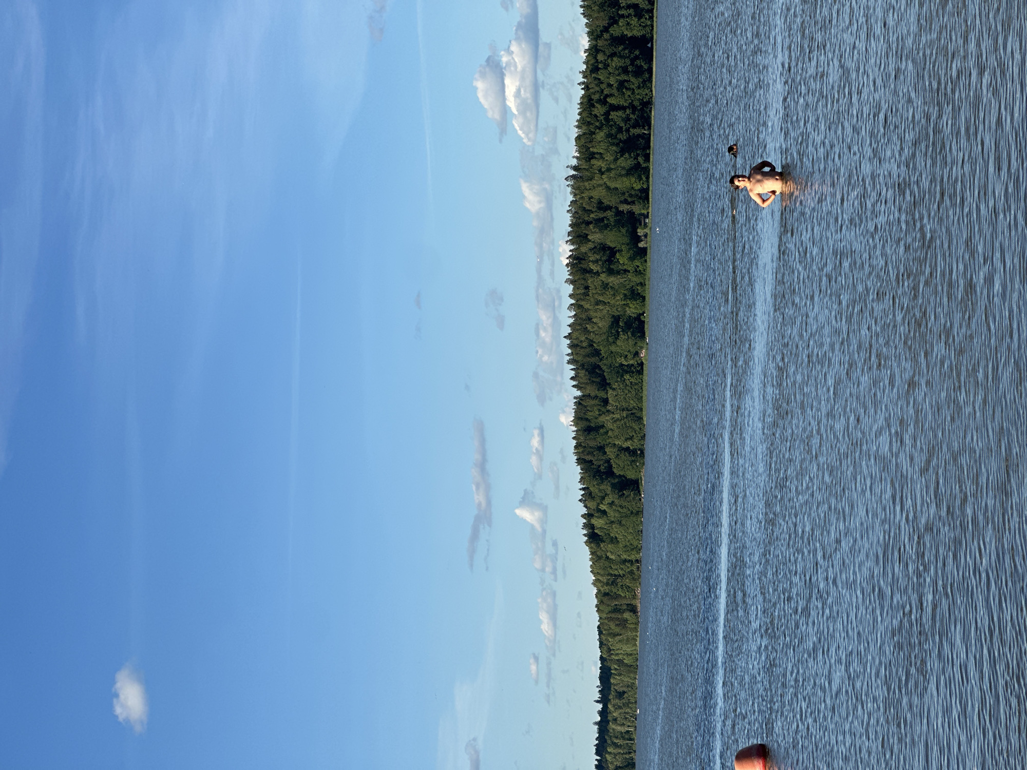 An outdoor, medium shot captures a body of water with a wooded shoreline in the background. In the foreground, a person stands waist-deep in the water, facing the camera with their hands on their hips. The person appears to be a young male, with light skin and dark hair. To the right of the central figure, another person is visible swimming in the water. On the left side of the frame, a red buoy floats. The water is a deep blue, with ripples on the surface. The shoreline is lined with dense green trees, and the sky above is a clear blue with scattered white clouds. The lighting suggests it is daytime, possibly late afternoon. The location is identified as an unknown city and unknown region.
