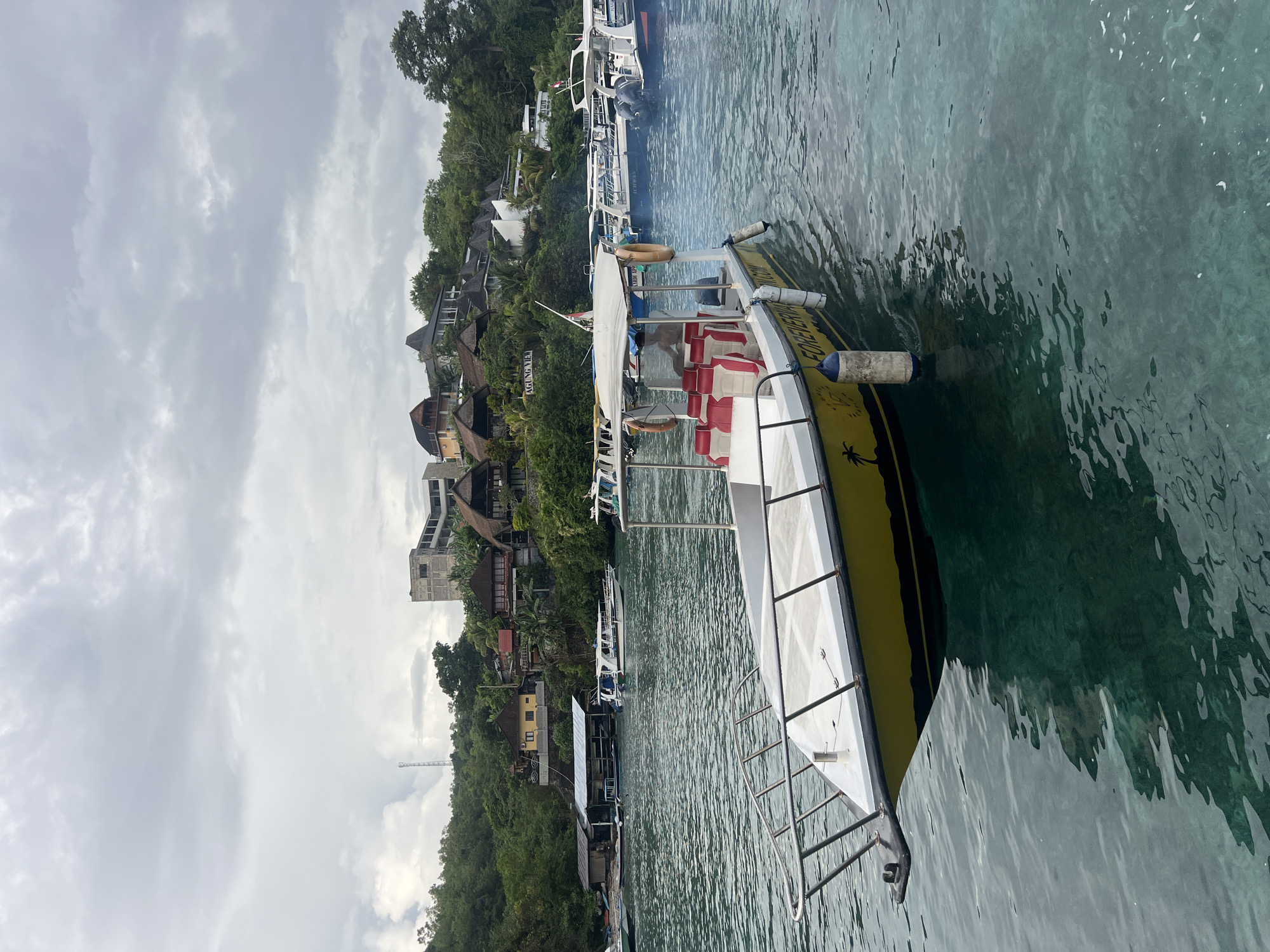 This image captures a vibrant coastal scene in Nusa Penida, Indonesia, under an overcast sky. In the foreground, a yellow and white boat with distinctive red and white striped seating is prominently docked on the right. Its side features the text "FOREVER YOUNG" and a black silhouette of a palm tree, with white buoys attached along its hull. The water surrounding the boat is remarkably clear and turquoise, showing ripples on its surface.
Behind the foreground boat, several other speedboats, primarily white, are moored or docked along a lush green hillside. These boats suggest a busy transport or tour hub. The hillside itself is densely covered with tropical vegetation, interrupted by numerous buildings nestled into the landscape. These structures vary in style, from traditional-looking dwellings with dark roofs to more modern concrete buildings, indicating a mix of local residences and possibly guesthouses or resorts. One building sign partially visible reads "AGUNG VIEW". In the far background, the top of what appears to be a construction crane or tower is visible above the tree line.
The sky is cloudy and grey, contributing to an overall muted light quality, though it is clearly daytime. The absence of direct sunlight suggests an overcast day. No people are visibly engaged in activity on the boats or along the shore, creating a serene, waiting atmosphere. The overall impression is one of a picturesque tropical harbor, ready for marine activities.