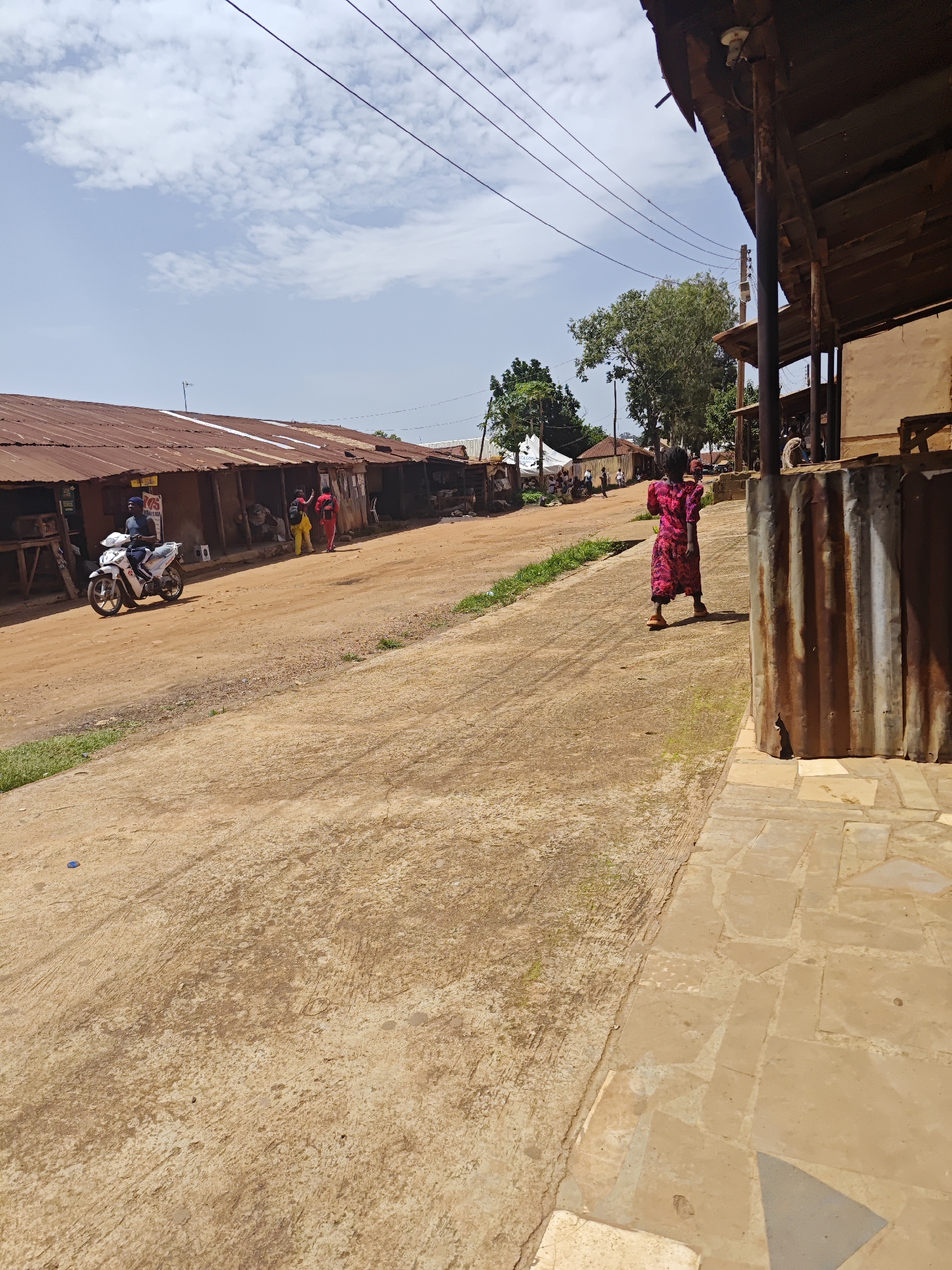 The image depicts a dusty, unpaved street in a village setting. Several structures with corrugated metal roofs line the street, suggesting a marketplace or residential area. The buildings are simple, constructed from materials like mud and wood.
On the street, a man is riding a white motorcycle. Two individuals, a woman in yellow and another in red, are walking away from the motorcycle towards the buildings. Further down the street, a person in a vibrant pink and red patterned dress is walking towards the right of the frame.
The time of day appears to be daytime, with a bright, partly cloudy sky. The overall atmosphere seems to be that of a typical day in a rural community. The ground is dry and dusty, with some patches of green vegetation along the side of the road. The corrugated metal on some of the buildings shows signs of rust, indicating age and exposure to the elements.
The image lacks any clearly discernible text. The setting of Bukuru, Nigeria, provides context for the architectural style and the general appearance of the environment.