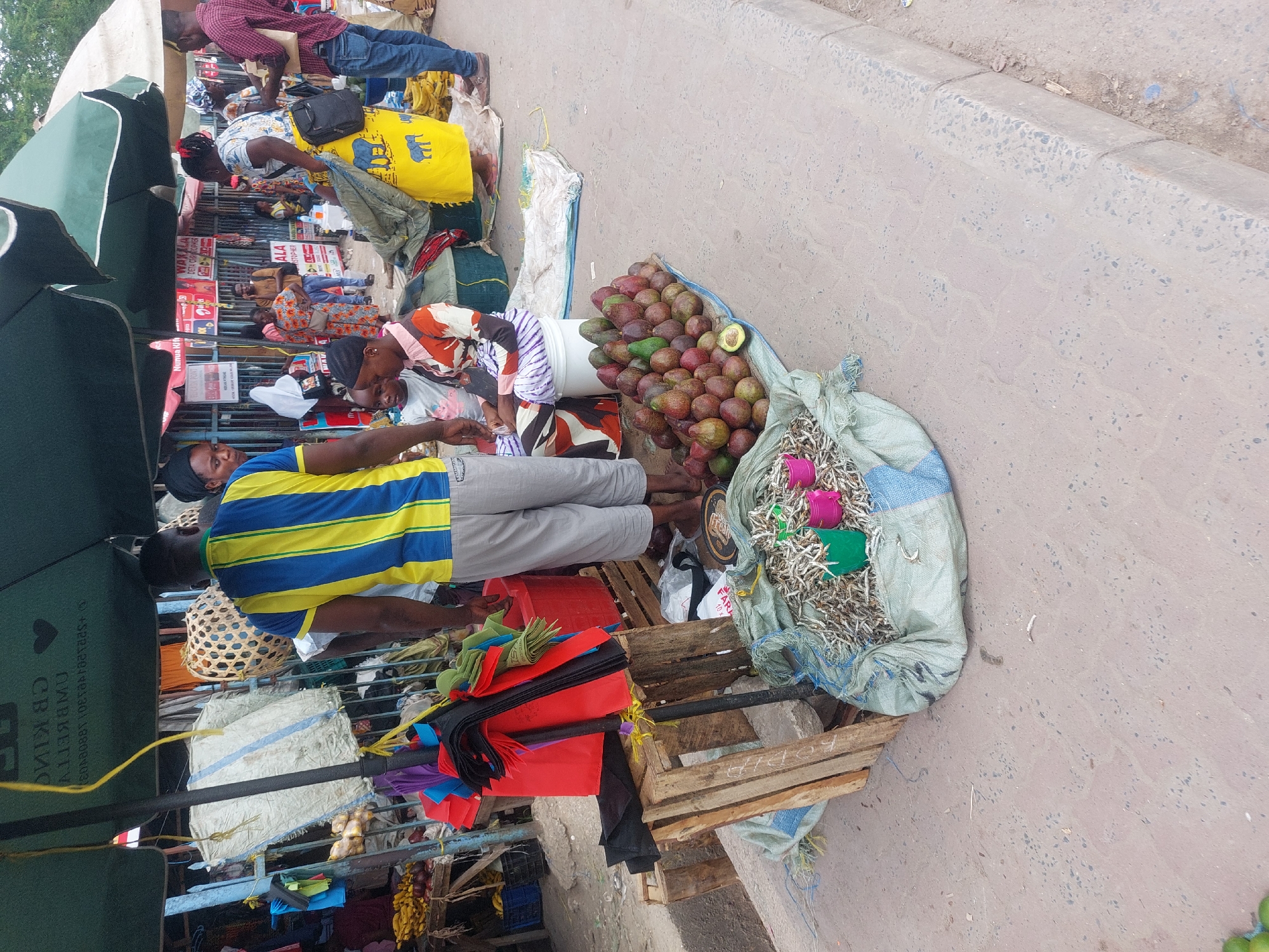 A bustling street market scene in Dar es-Salaam, Tanzania, is captured in this medium shot. The market is crowded with vendors and customers engaging in commerce. A man wearing a blue and yellow striped shirt and gray pants stands near a stall. The stall displays avocados, small dried fish in a bag, and colorful kites or flags. The market is under the cover of green umbrellas, offering shade from the sun. Other people are visible in the background, including customers and vendors. The ground is paved, and there are several bags and other items scattered around, contributing to the busy atmosphere.