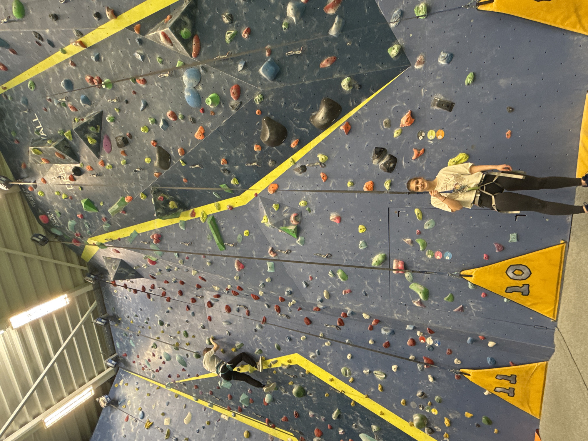 Two people are in a rock climbing gym in Sofia, Bulgaria. One person, wearing a harness, is suspended midway up the climbing wall. Another person stands at the base of the wall. The wall is artificial, with colored climbing holds attached to a blue surface divided by yellow lines. The gym is indoors, illuminated by fluorescent lights.