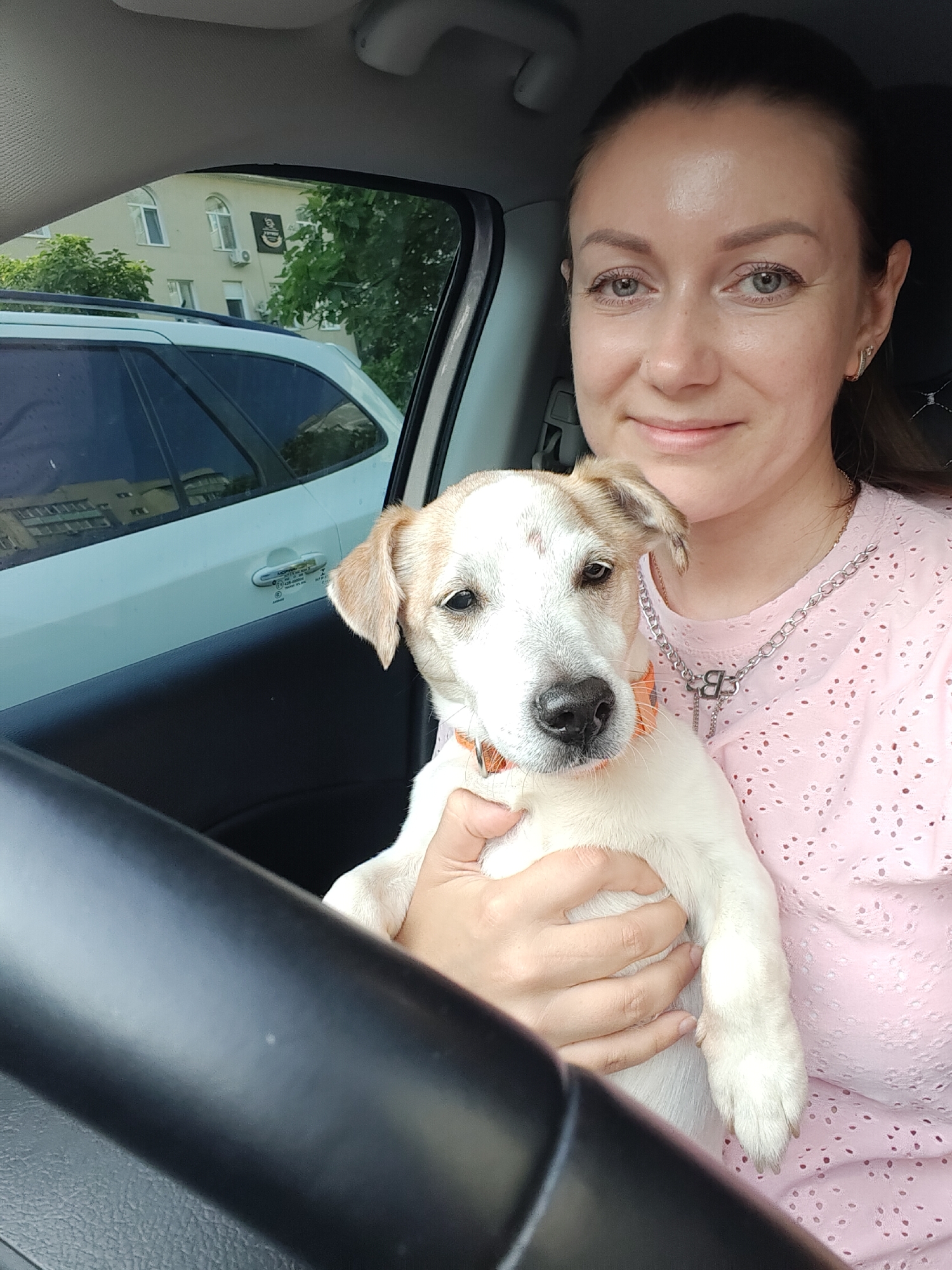 The image shows a woman in the driver's seat of a car, holding a small, tan and white puppy. The woman is wearing a pink top with a delicate eyelet pattern and a silver necklace with a charm. She is looking at the camera and smiling, appearing happy and affectionate towards the puppy. The puppy is looking forward, with its ears perked up, and is wearing an orange collar.
The car's interior is visible, including the steering wheel and part of the dashboard. Through the car window, we can see the exterior of a building with several windows and an air conditioner unit. A black flag with a yellow emblem is hanging from the building. Trees with green foliage are also visible, suggesting it is daytime and likely warm weather. Another car, a white SUV, is parked to the left of the frame.
The scene appears to be in Chornomorsk, Ukraine. The overall mood is warm and joyful, capturing a moment of connection between the woman and her new puppy. There is no visible text in the image, except for some small symbols on the car door handle, which are too indistinct to read.