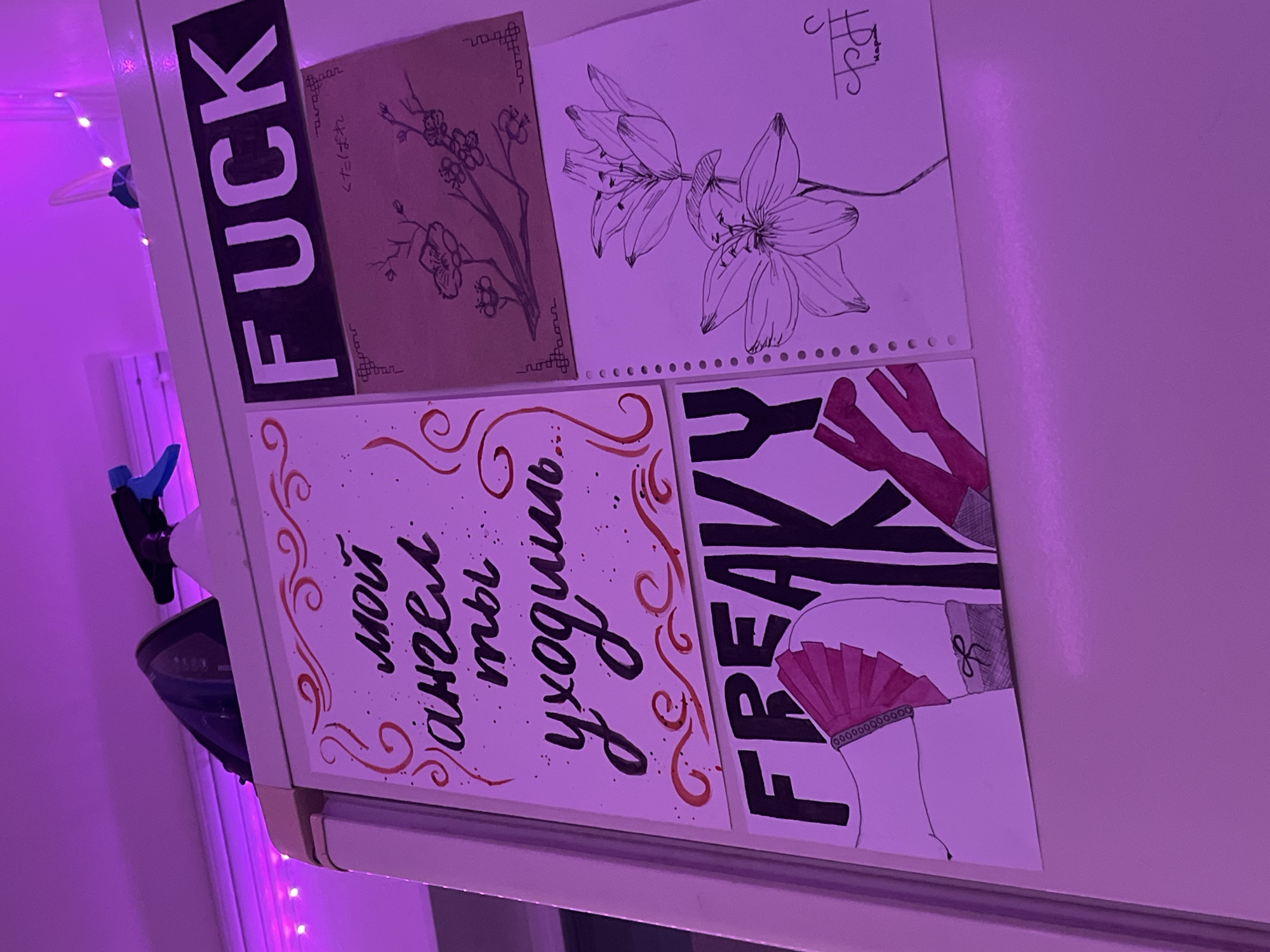 A close-up shot of a refrigerator door. The door is adorned with four pieces of artwork. The top left piece has the word "FUCK" written vertically in bold, white letters against a black background. The top right piece features a drawing of flowers, including a lily. The bottom left artwork contains handwritten text in Russian, "Мой ангел ты уходишь", translating to "My angel, you are leaving". The bottom right picture depicts a partially illustrated image of a woman's rear with a fan, placed next to the word "FREAKY" written vertically in bold, black letters. An iron is mounted on the refrigerator, with a dark-colored bowl underneath. The background is illuminated with purple fairy lights. No specific location within Saint Petersburg, Russia is discernible.