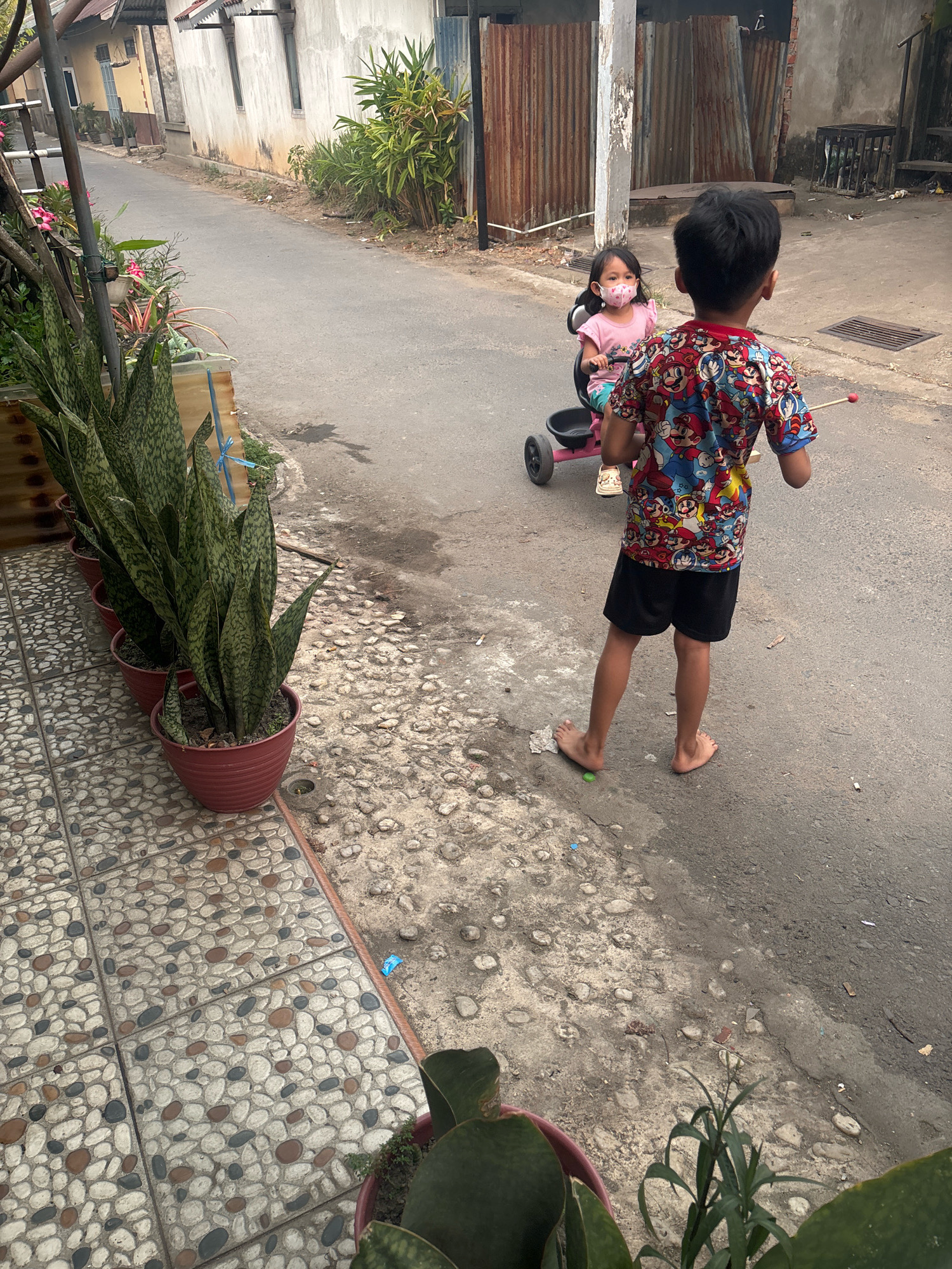 In Jambi City, Indonesia, on a narrow asphalt street lined with houses, two children are observed. A young boy, facing away from the camera, wears a colorful t-shirt with a Super Mario theme and black shorts. He is barefoot and holding a thin stick with a red ball at the end. To his left, a younger girl sits on a pink tricycle, also barefoot and wearing a pink shirt and a face mask. The street is bordered by a paved area with mosaic-like patterns and several potted snake plants. The background features residential buildings, some with corrugated metal walls, and a few scattered plants and debris. The lighting suggests it is daytime, likely with bright sunlight creating shadows.