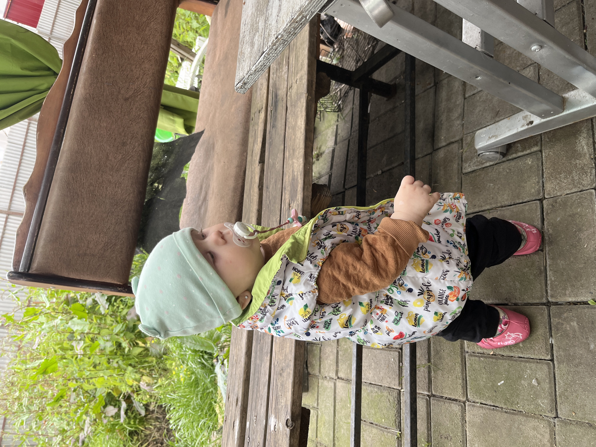 A baby stands on a paved outdoor patio in Vesyoloye, Russia, looking upwards. The baby wears a light green hat, a pacifier, a brown long-sleeved shirt, black pants, and bright pink shoes. Over the shirt, they have on a white vest patterned with colorful cartoon fruit illustrations and associated text.
The ground is made of grey rectangular paving stones. To the baby's left, there is abundant green foliage, along with a large, textured brown fabric roll or curtain, and parts of a green fabric awning or canopy with a corrugated metal structure behind it. To the baby's right and slightly behind, a weathered wooden surface, possibly a table or bench, and a grey metal framework are visible.
The lighting suggests it is daytime, likely under an overcast sky or in a shaded area. The baby appears calm, intently observing something above. Visible text on the vest includes "LEMON," "Fresh," "pineapple," "ORANGE juice," "FRUIT," "100% natural," "pear," "strawberry," and "blueberry," among other fruit-related phrases.