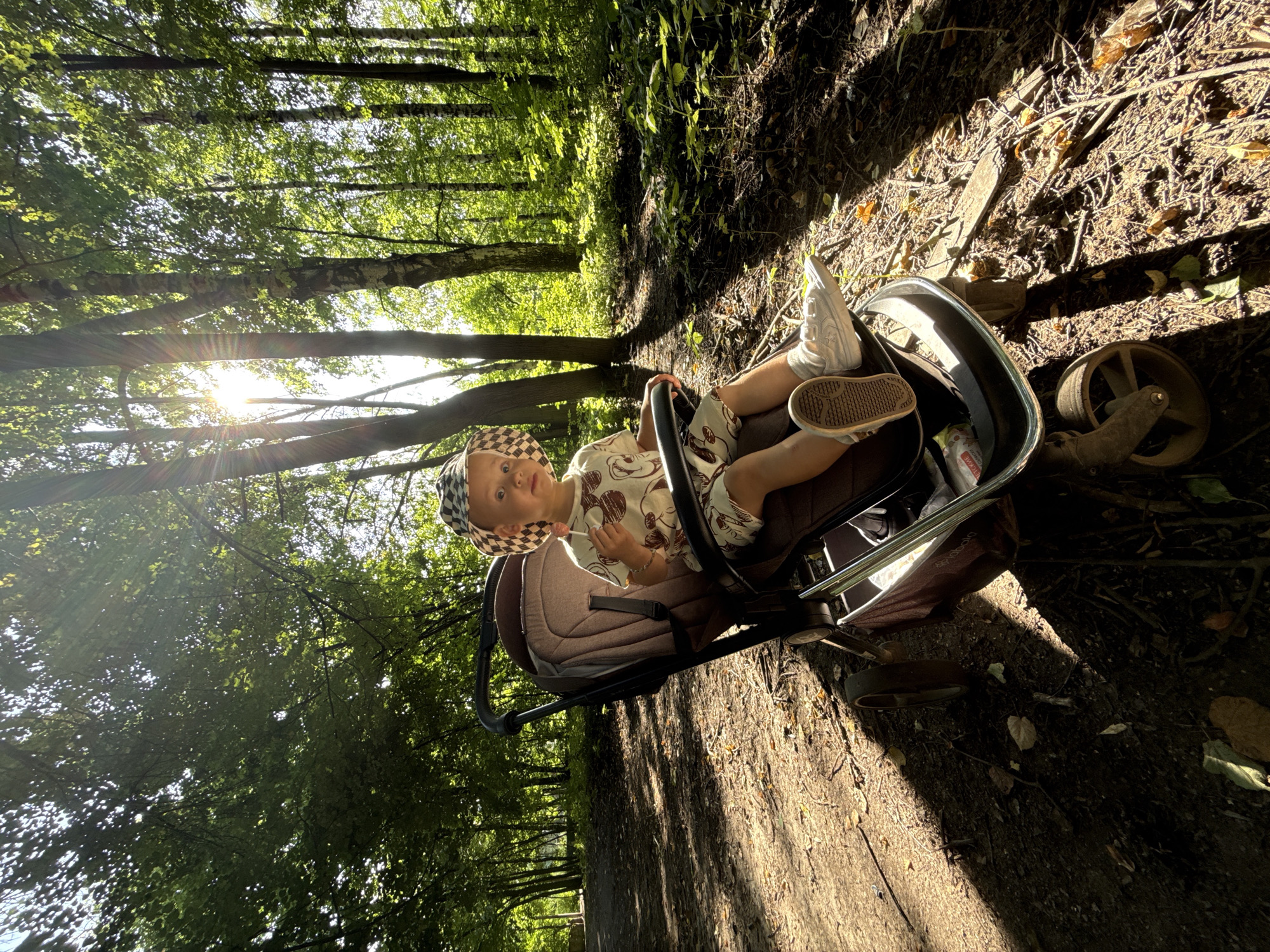In Rusanovo, Russia, a toddler wearing a checkered hat and a light-colored outfit with a Mickey Mouse print sits in a stroller on a sun-dappled path in a forest. The child is holding a lollipop. The stroller is positioned on the right side of the frame, facing forward. The path is covered with dirt and fallen leaves, with shadows cast by the trees. Sunlight filters through the dense green foliage of the surrounding forest, creating a bright and dappled effect on the scene. The background is filled with the trunks and leaves of various trees.
