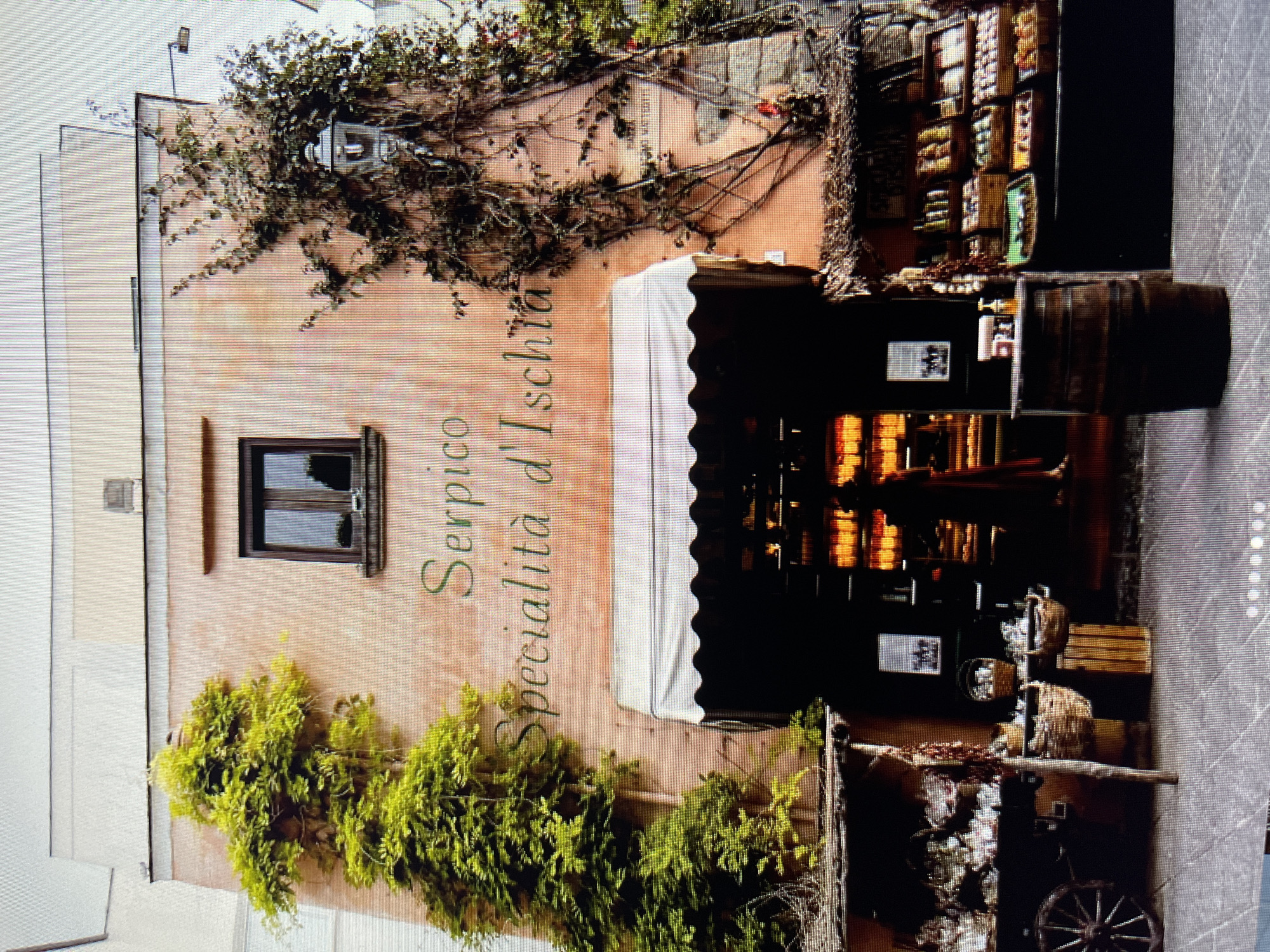 The image shows the facade of a building with the name "Serpico Specialità d'Ischia" written in script across the upper part of the wall. The building is painted a peachy-pink color. There is a dark-framed window above the store's entrance, which is covered by a white awning with scalloped edges. Vines with green leaves climb the left side of the building, and a dark, leafless vine with a vintage-style lantern is prominent on the right side, also climbing the wall.
In front of the store, to the left, is a wooden cart with a spoked wheel, laden with baskets and what appear to be dried goods. Next to it, a wooden barrel stands on the paved ground. To the right of the entrance, a display of products, possibly food items like jams or preserves, is arranged on shelves under a thatched-roof stall. A person's silhouette is visible inside the store entrance. The street in front of the shop is paved with cobblestones or similar material.
There is no indication that this location is in Łódź, Poland; the signage suggests an Italian connection, likely to Ischia.