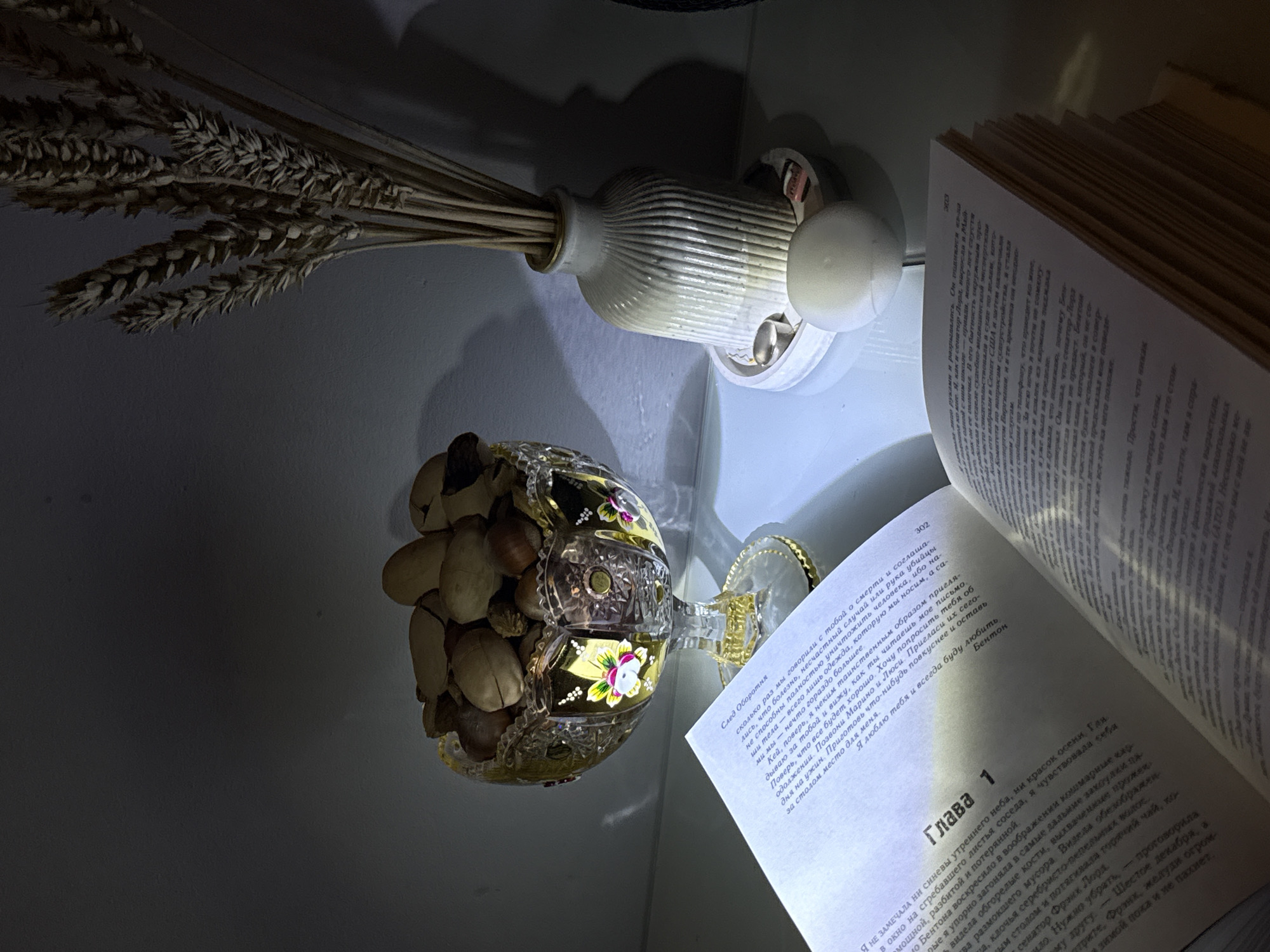 The image captures a still life arrangement featuring several objects under localized artificial light, suggesting an indoor setting. In the upper left, a bundle of dried wheat stalks is displayed in a white, ribbed vase. To its right, a white light bulb or fixture is visible, casting light downwards and across the scene.
Centrally, a decorative clear glass bowl or goblet, adorned with floral patterns and gold accents, lies on its side, filled with various nuts and dried fruits, possibly pistachios and hazelnuts. To the right of the bowl, an open book rests, its pages brightly illuminated by the light source.
The lighting is dim elsewhere, creating shadows and highlighting the immediate area around the light, the book, and the glass bowl. No people or animals are visible, contributing to a quiet, contemplative atmosphere.
Visible text on the open book is in Russian. One section, titled "След Оборотня" (Trail of the Werewolf/Werewolf's Trace) on page 302, appears to be a letter signed "Бентон" (Benton). It addresses "Кей" (Kay), discussing death, the transient nature of the body, and Benton's continued observation of Kay. It asks Kay to invite "Марино" (Marino) and "Люси" (Lucy) for dinner and to set a place for Benton. Below this, "Глава 1" (Chapter 1) begins, describing the protagonist's feelings of being "tired, broken, and lost," and references events involving Benton, "calamari tentacles," "charred bones," "decayed garbage," a "Senator Frazich Lord," "hot tea," and "acorns."