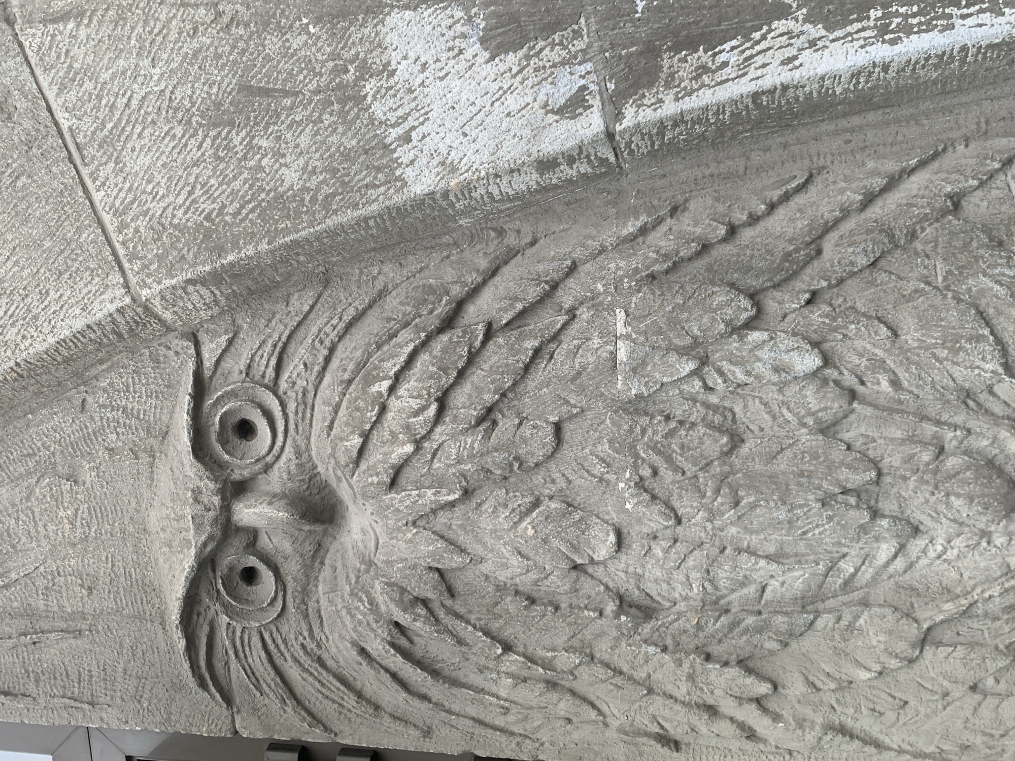 The image displays a close-up, angled view of a carved stone relief of an owl's face and part of its wings. The carving is rendered in a rough, textured style, with deep crevices and raised areas that create a sense of depth and detail. The owl's eyes are prominent, circular indentations with darker pupils. The feathers of its wings are depicted as overlapping, elongated shapes with a distinct linear texture. The stone appears weathered, with patches of lighter material, possibly lichen or paint, showing through the grey surface. The carving is likely part of a larger architectural element, given the scale and the way the surface transitions into a more uniform, striated pattern at the top of the image. The lighting suggests it is daytime, but no specific time of day can be determined. The setting is implied to be outdoors in Saint Petersburg, Russia, as a decorative architectural feature. There is no visible text in the image.