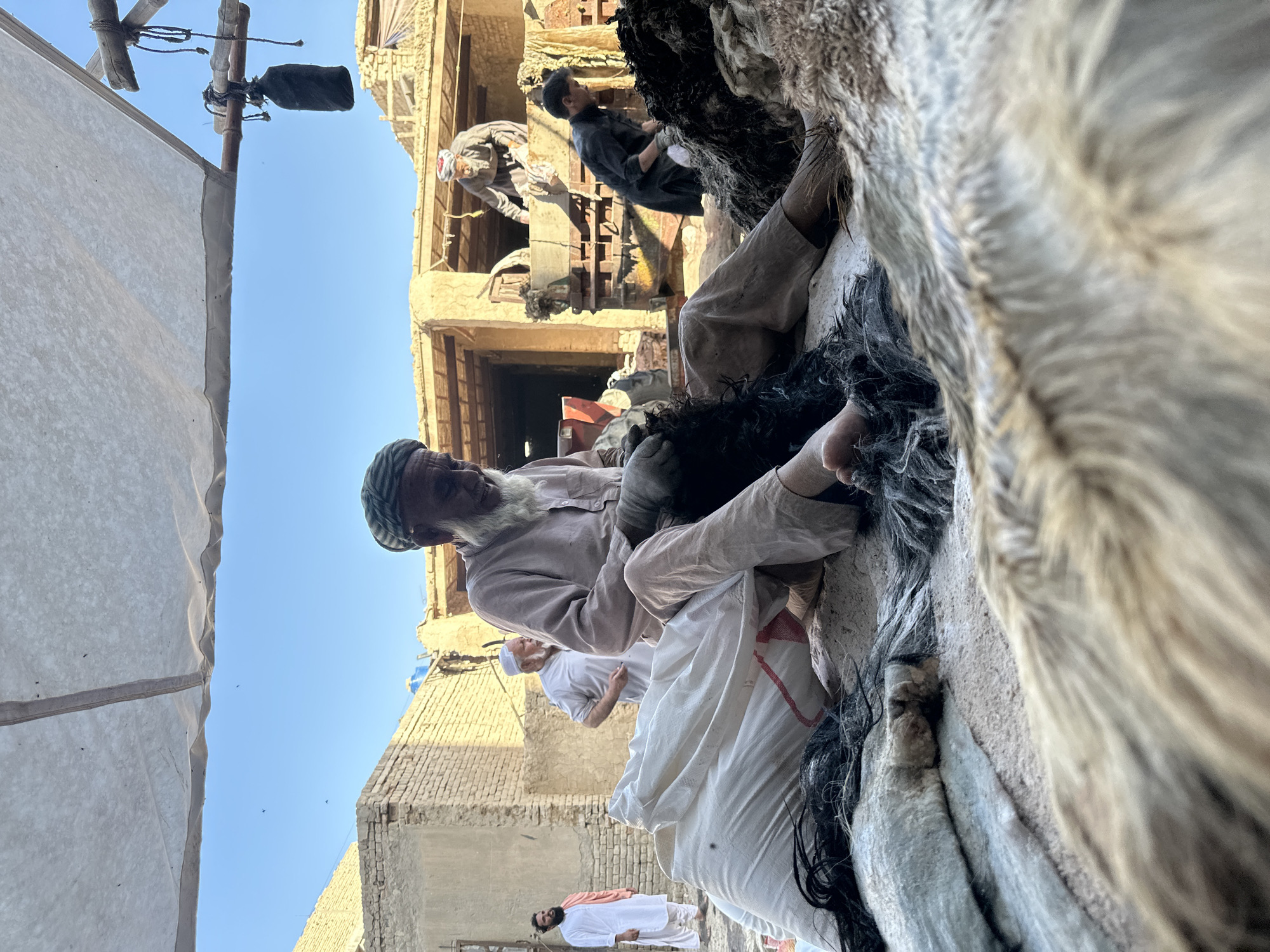 In Quetta City Tehsil, Pakistan, an old man wearing a green hat and light-colored clothing sits cross-legged amidst what appears to be animal hides and black fibers. He is the primary subject in a low-angle shot. Behind him are other people: one in white clothing with a white cap, and another further back in an orange robe. The environment features buildings with brick or stone walls under a clear blue sky. There is a pole with what appears to be a hanging bag-like object to the left, alongside a makeshift cloth barrier. Another person is visible on a building's upper level, as well as a person holding a child. The scene suggests a marketplace or workshop setting, with a focus on the processing or trade of animal products.