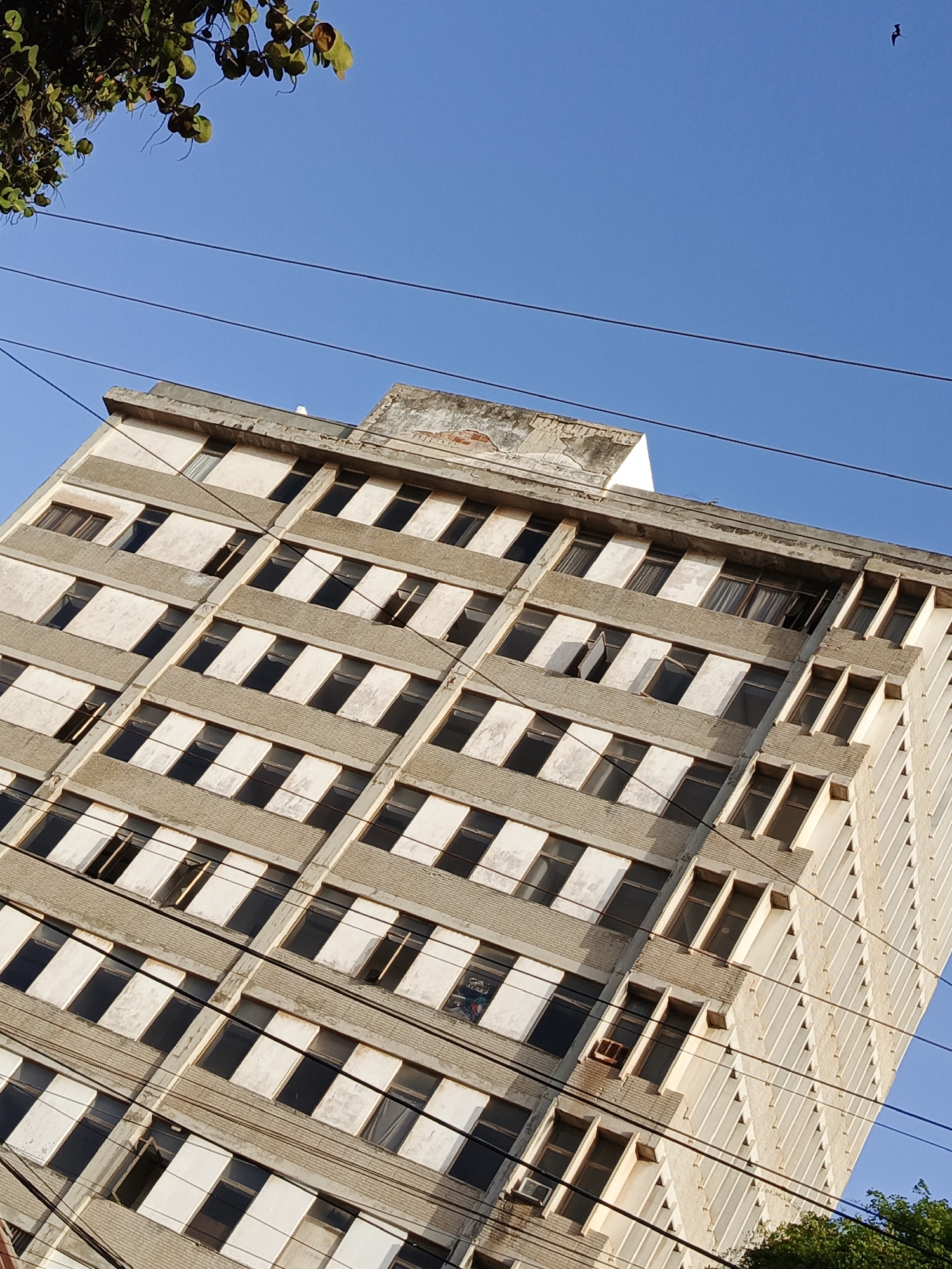 A tall, multi-story building stands at an angle against a clear blue sky. The building is concrete with multiple rows of rectangular windows. Some windows are open, and some have curtains. Power lines run diagonally across the view of the building. Parts of trees can be seen in the top left and bottom right corners. The building appears to be in Porlamar, Venezuela.